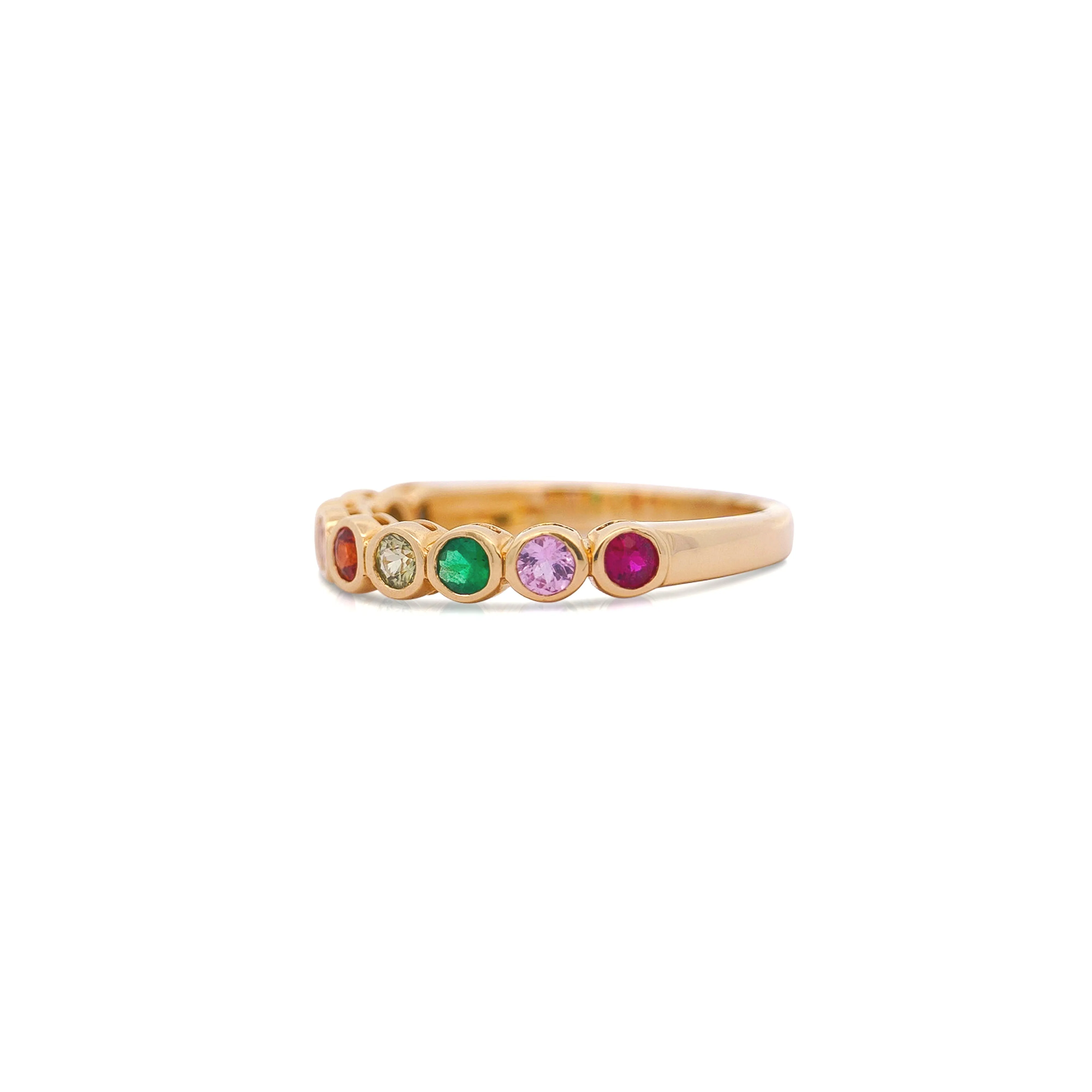 14K Gold Rainbow Multi Color Bezel Set Gemstone Stacking Band Ring