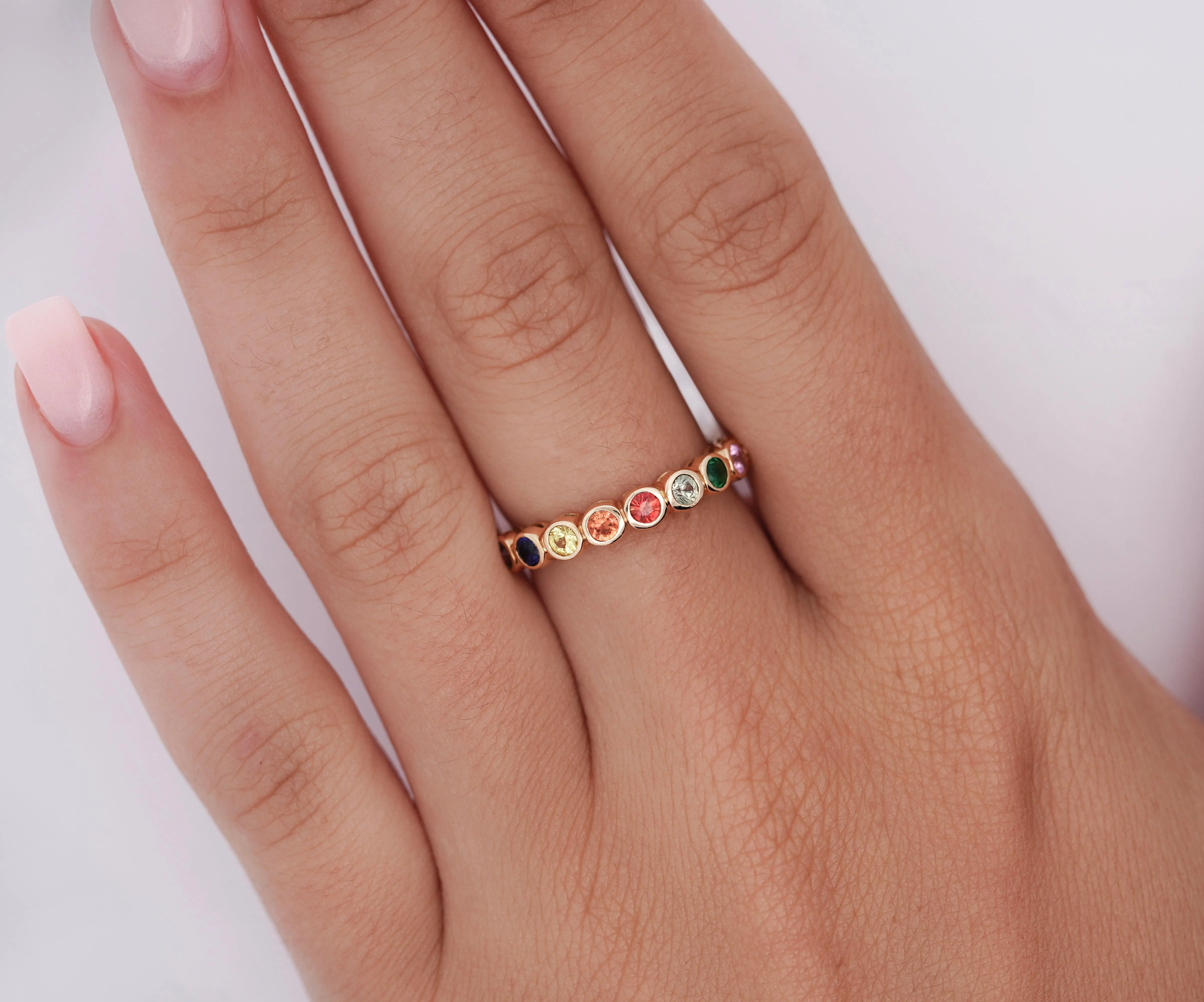 14K Gold Rainbow Multi Color Bezel Set Gemstone Stacking Band Ring