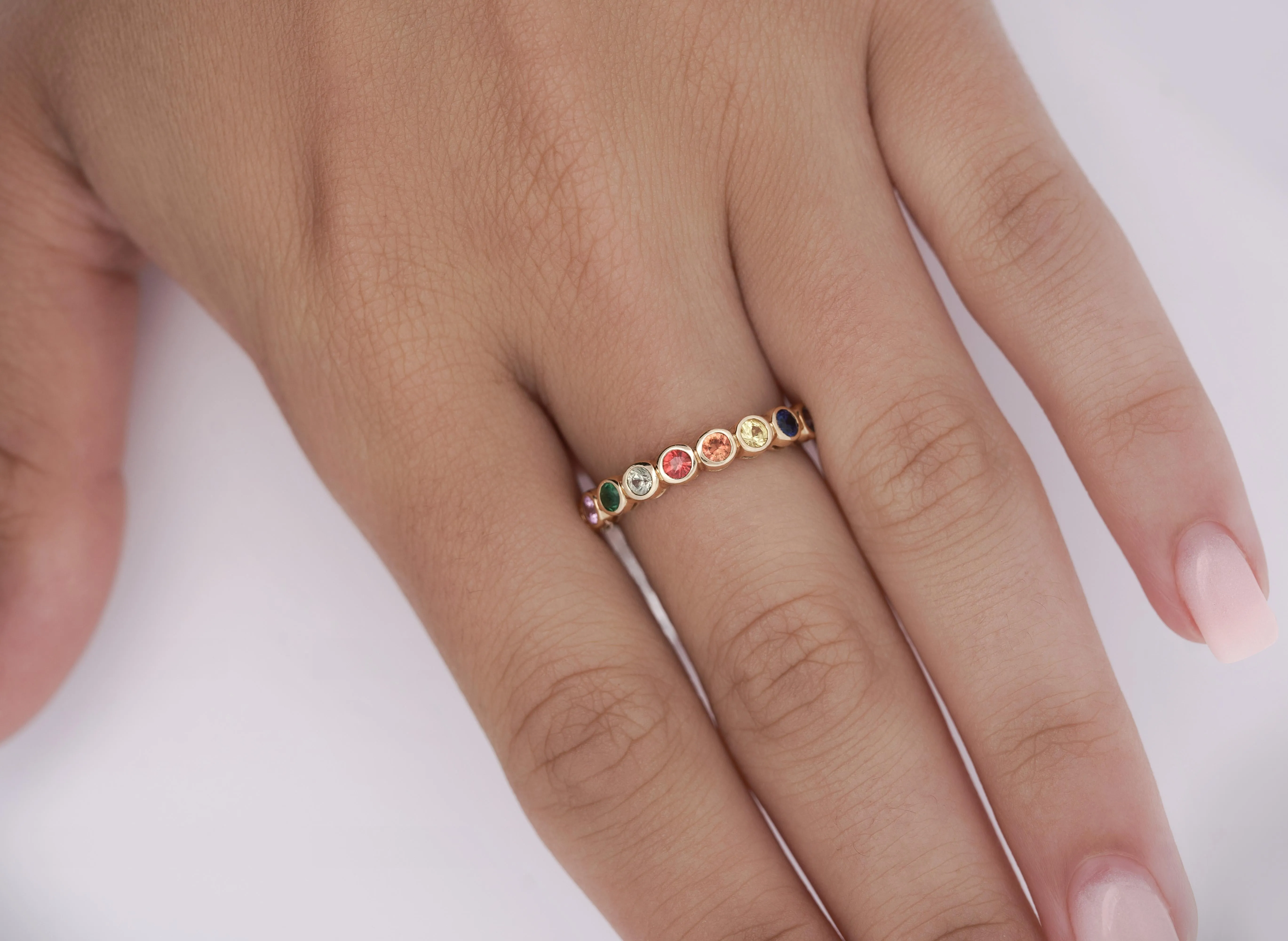 14K Gold Rainbow Multi Color Bezel Set Gemstone Stacking Band Ring