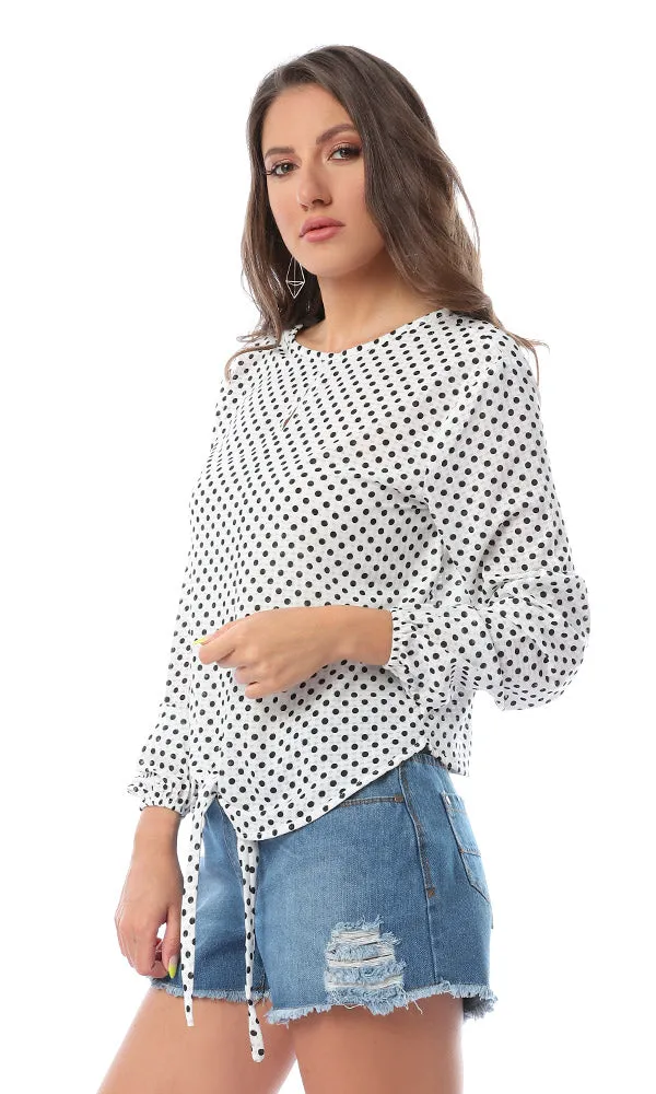 53569 Polka Dots Front Tie Elegant Blouse White