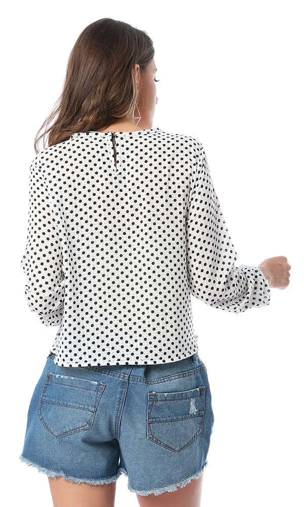 53569 Polka Dots Front Tie Elegant Blouse White