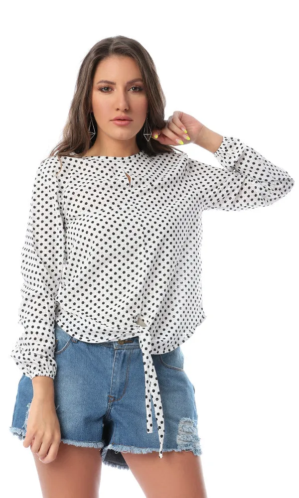 53569 Polka Dots Front Tie Elegant Blouse White