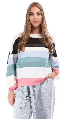 94810 Stripped Color Block Scoop Cole Blouse - White