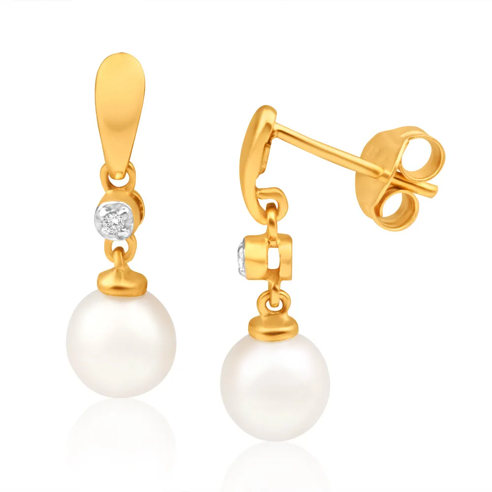 9ct Charming Yellow Gold Diamond   Pearl Drop Earrings