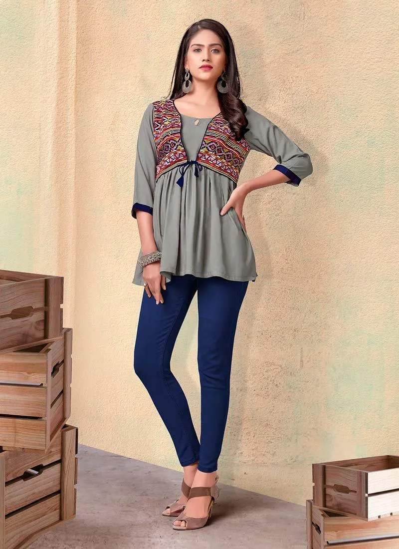 Adorable Cotton Base Grey Color 3/4th Sleeves Casual Wear Short Kurti