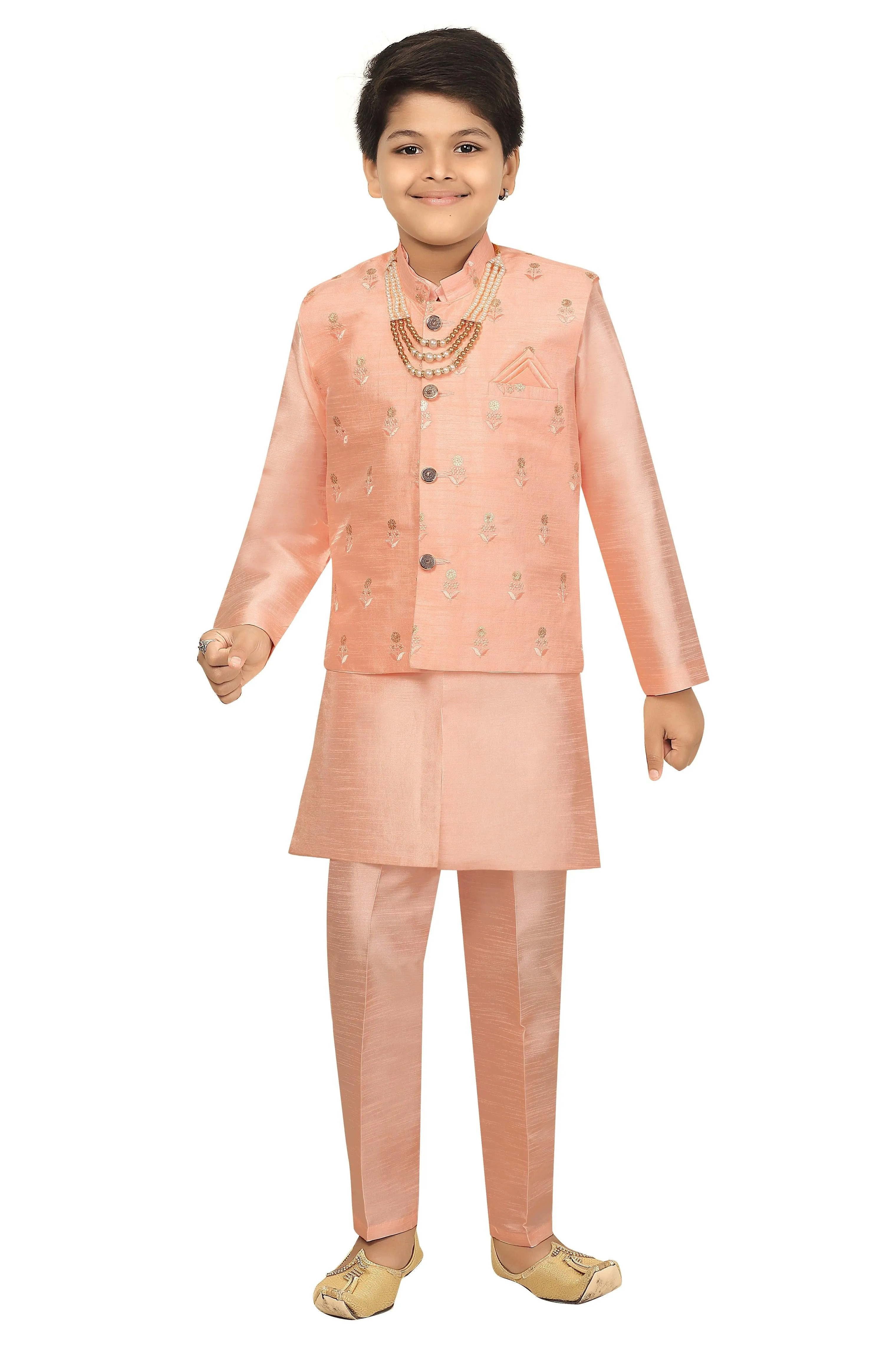 Ahhaaaa Kids Ethnic Cotton Silk Blend Nehru Modi Jacket Kurta & Pyjama Set for Boys