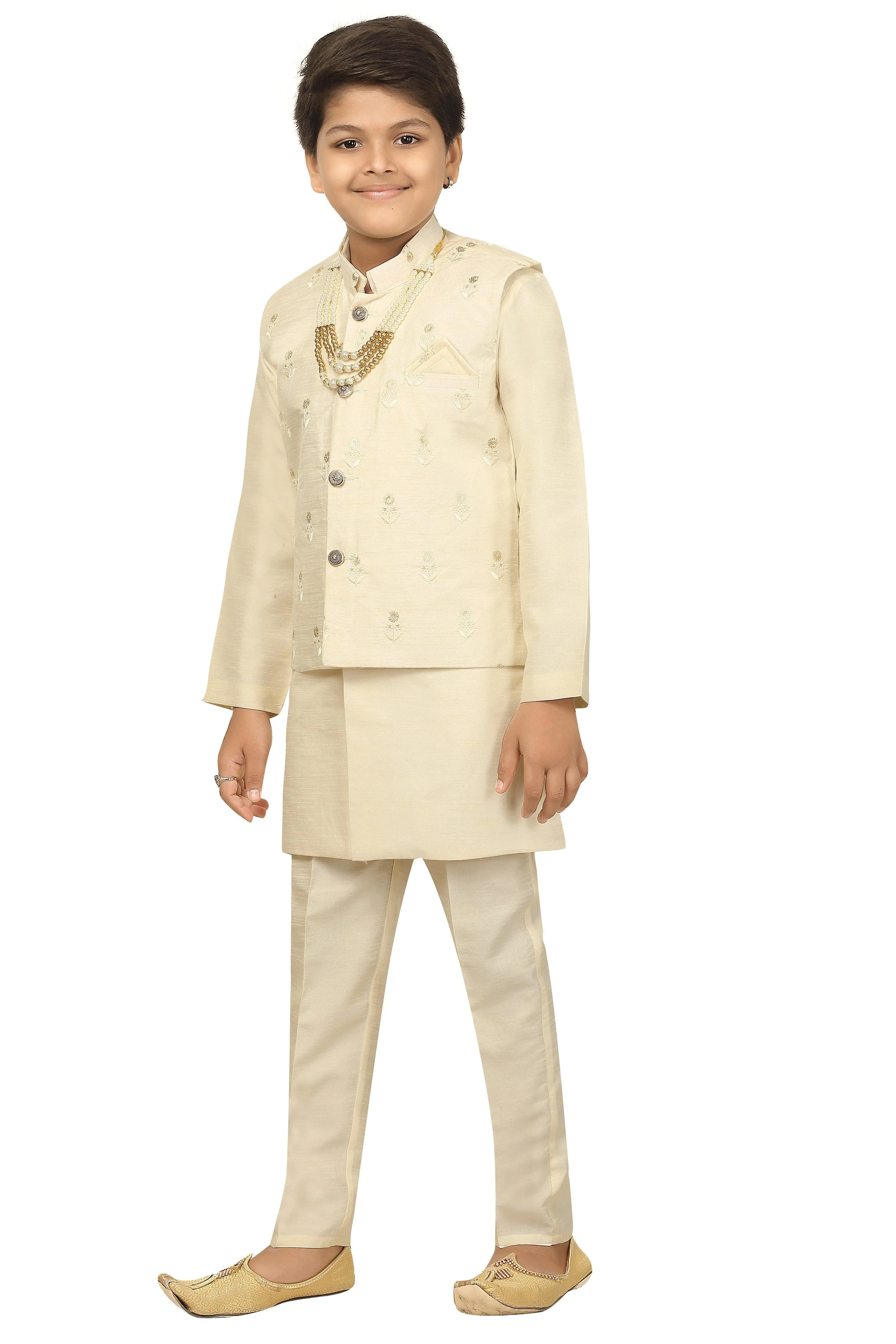 Ahhaaaa Kids Ethnic Cotton Silk Blend Nehru Modi Jacket Kurta & Pyjama Set for Boys