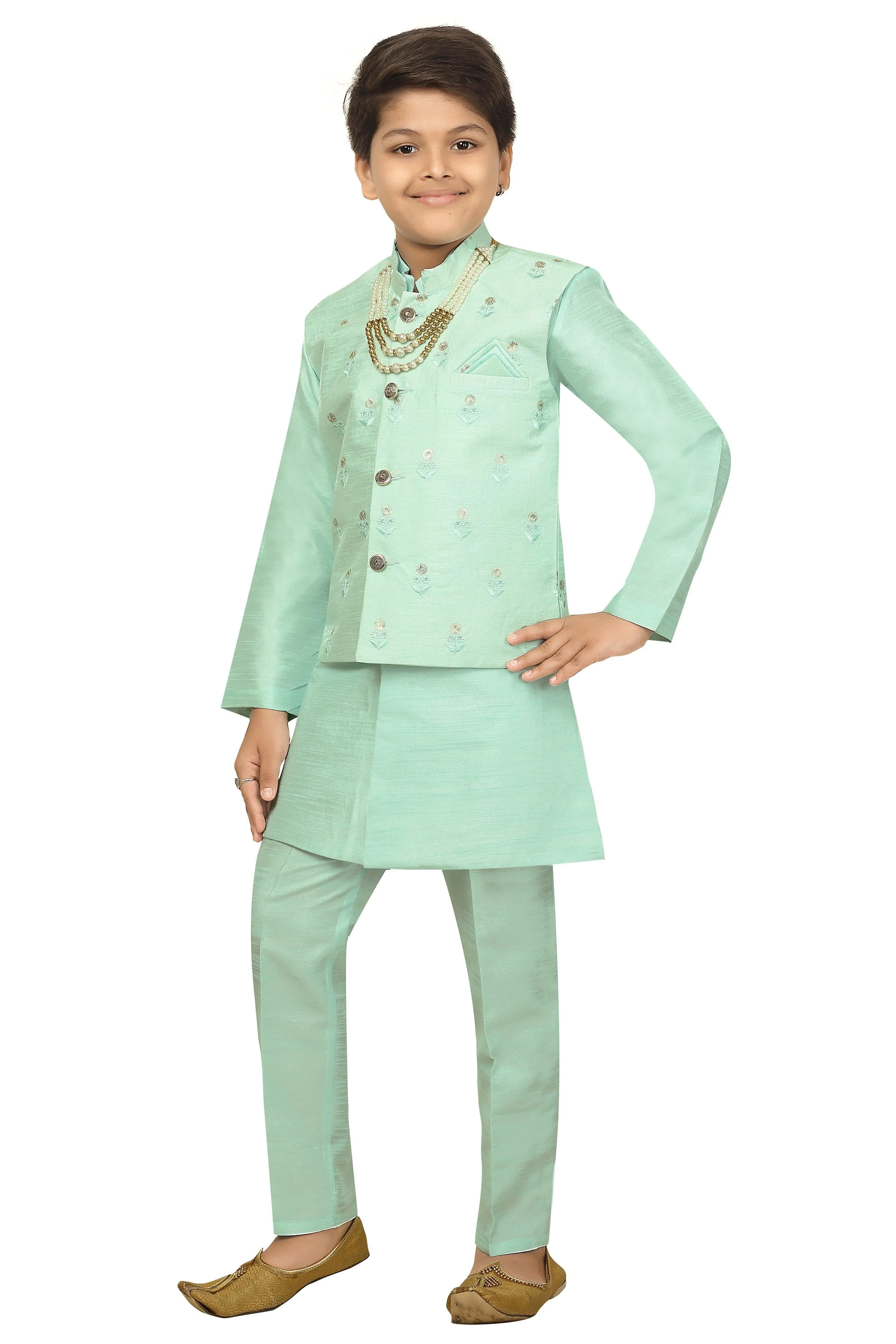 Ahhaaaa Kids Ethnic Cotton Silk Blend Nehru Modi Jacket Kurta & Pyjama Set for Boys