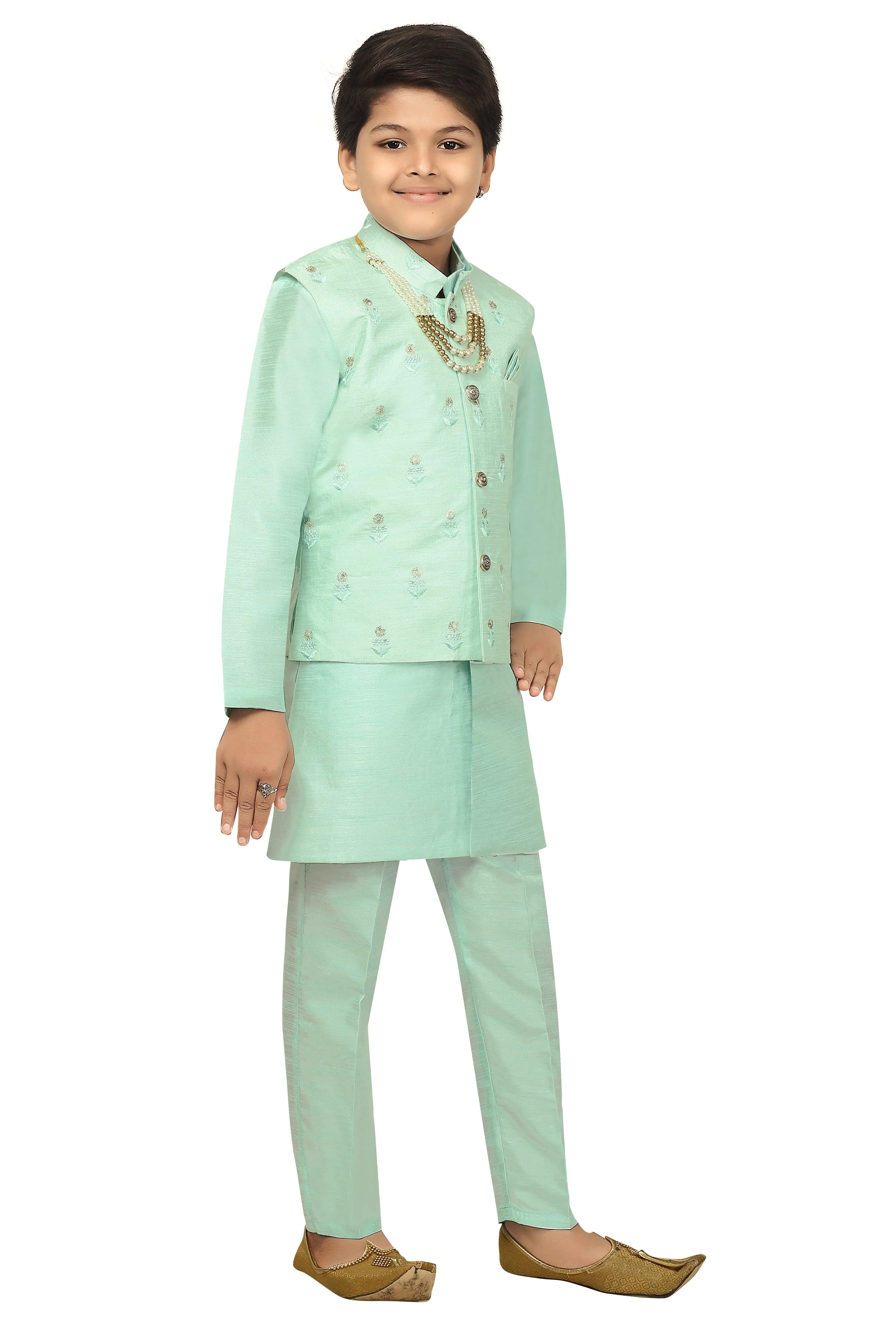 Ahhaaaa Kids Ethnic Cotton Silk Blend Nehru Modi Jacket Kurta & Pyjama Set for Boys