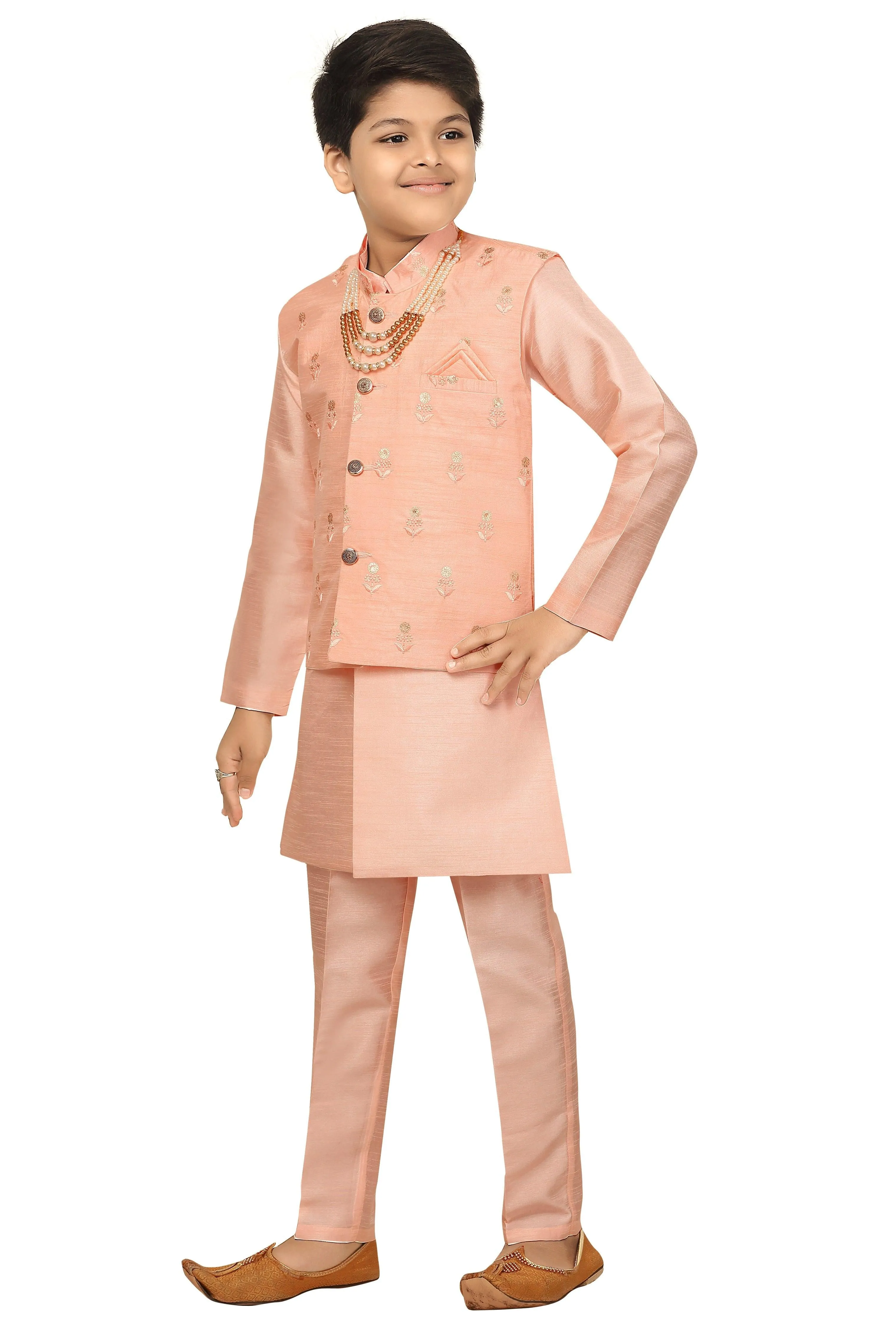 Ahhaaaa Kids Ethnic Cotton Silk Blend Nehru Modi Jacket Kurta & Pyjama Set for Boys