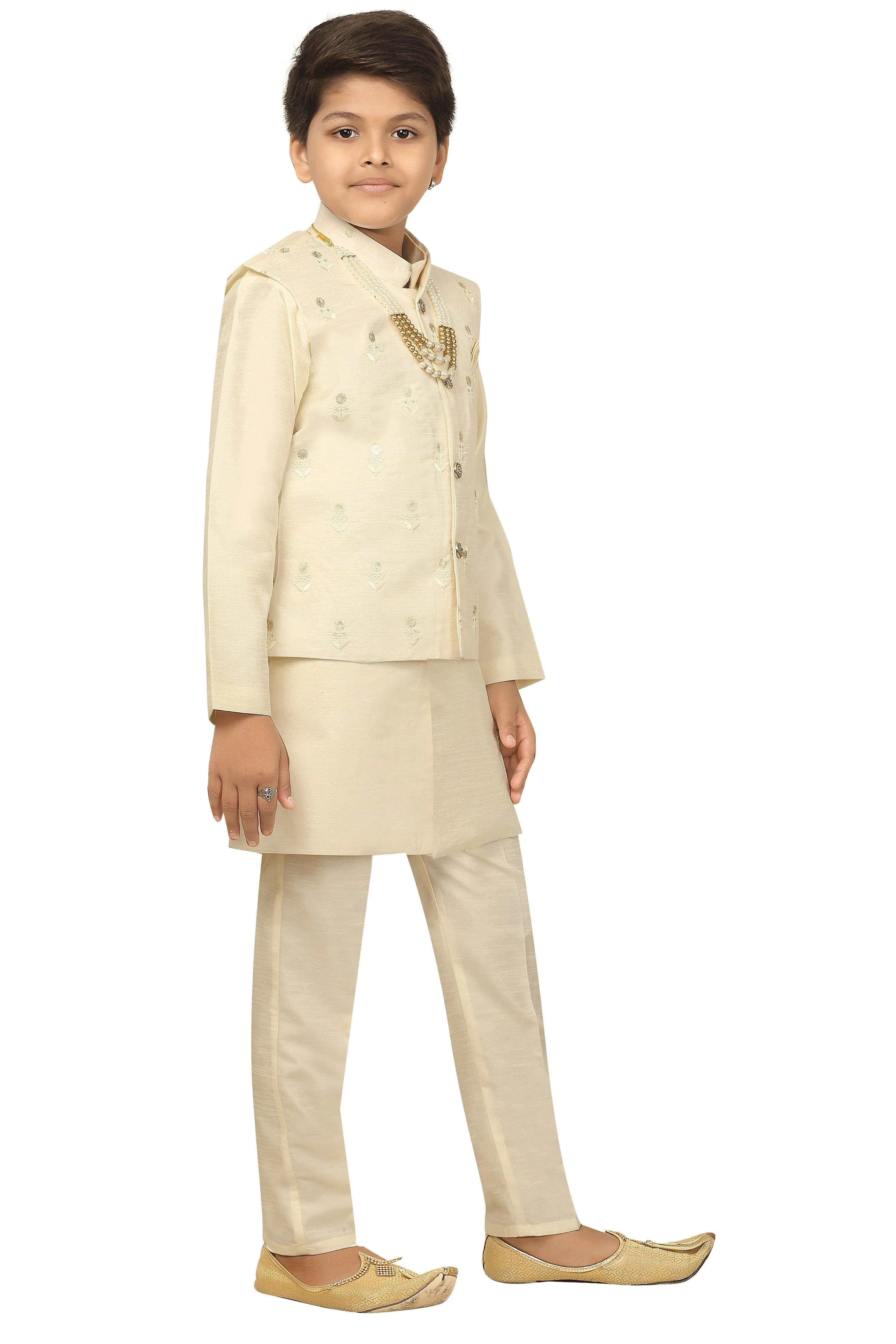 Ahhaaaa Kids Ethnic Cotton Silk Blend Nehru Modi Jacket Kurta & Pyjama Set for Boys