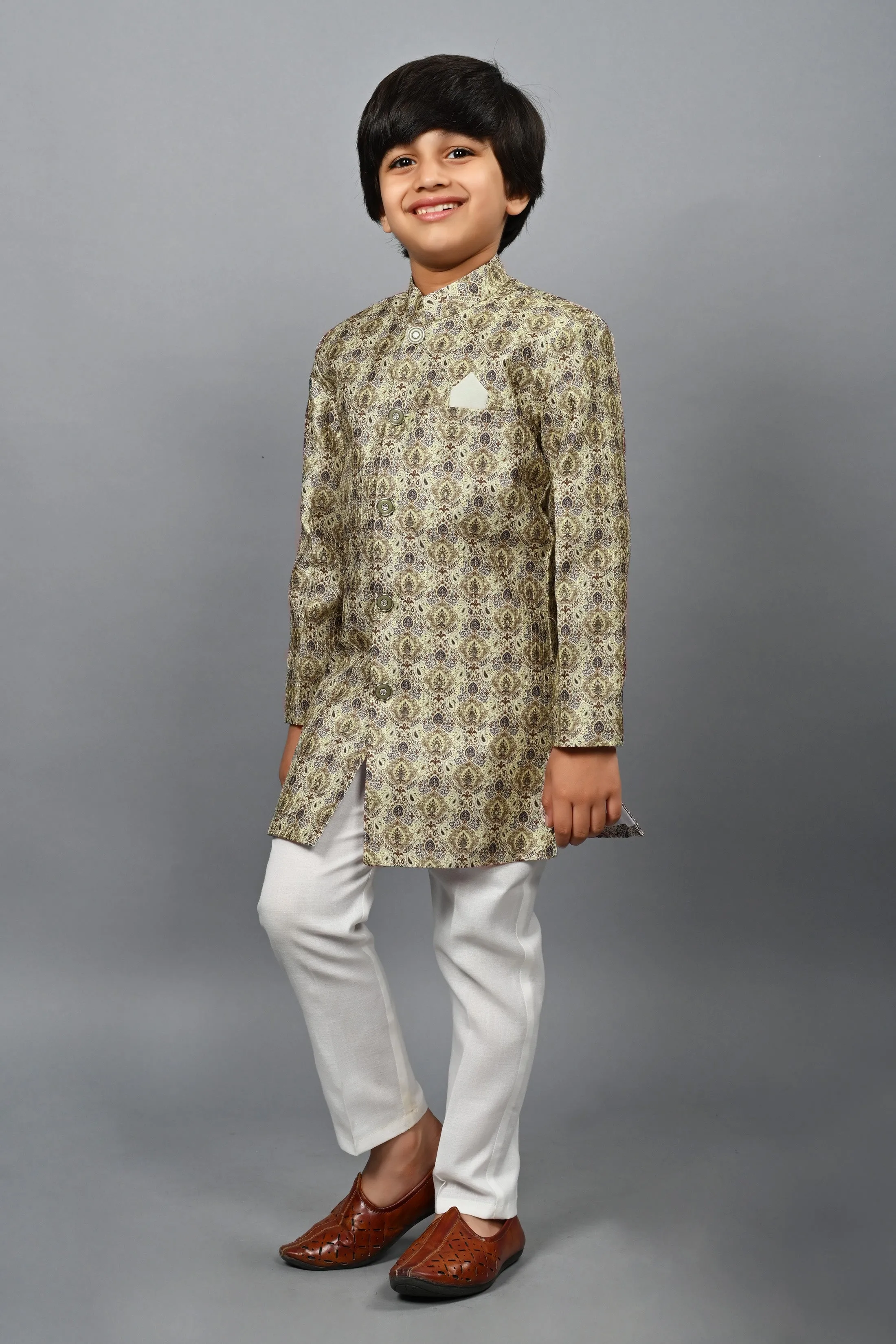 Ahhaaaa Kids Ethnic Silk Blend Indo-Western Sherwani Set For Boys 492