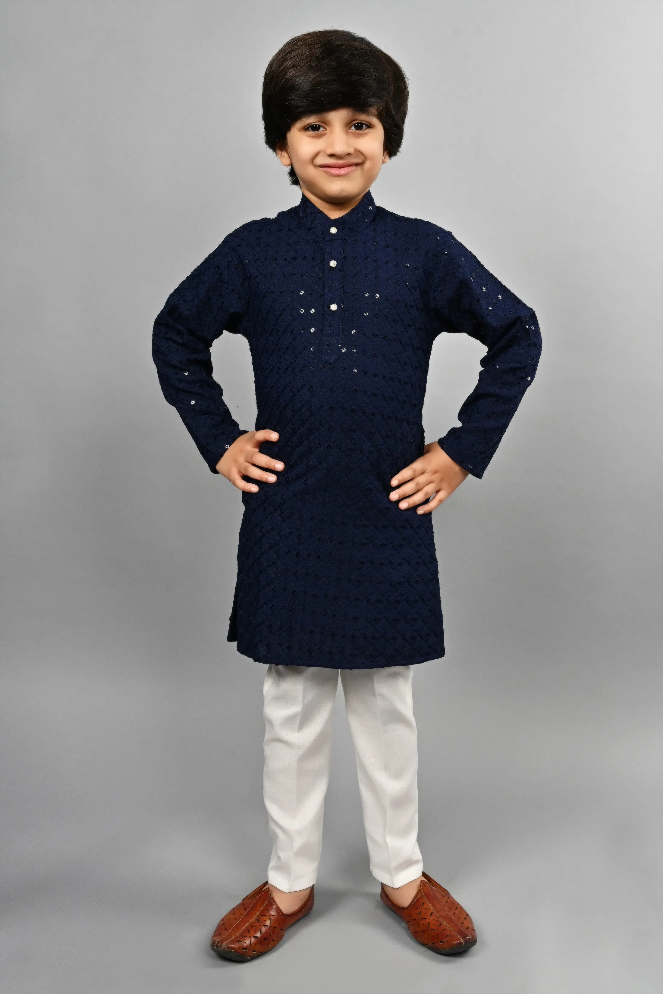 Ahhaaaa Kid's Full Sequin Embroidery Mirror Work Kurta with Pajama for Boys