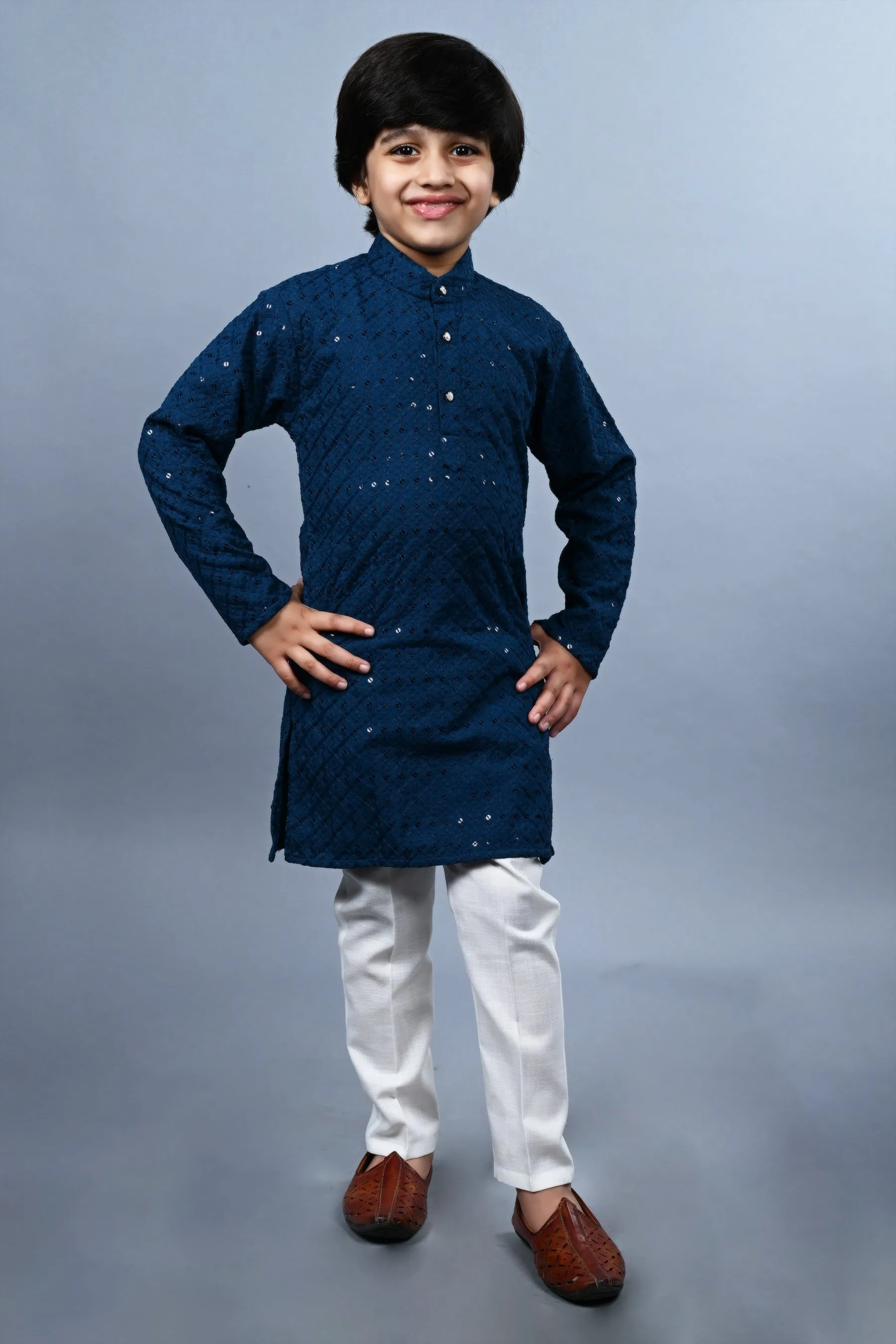 Ahhaaaa Kid's Full Sequin Embroidery Mirror Work Kurta with Pajama for Boys