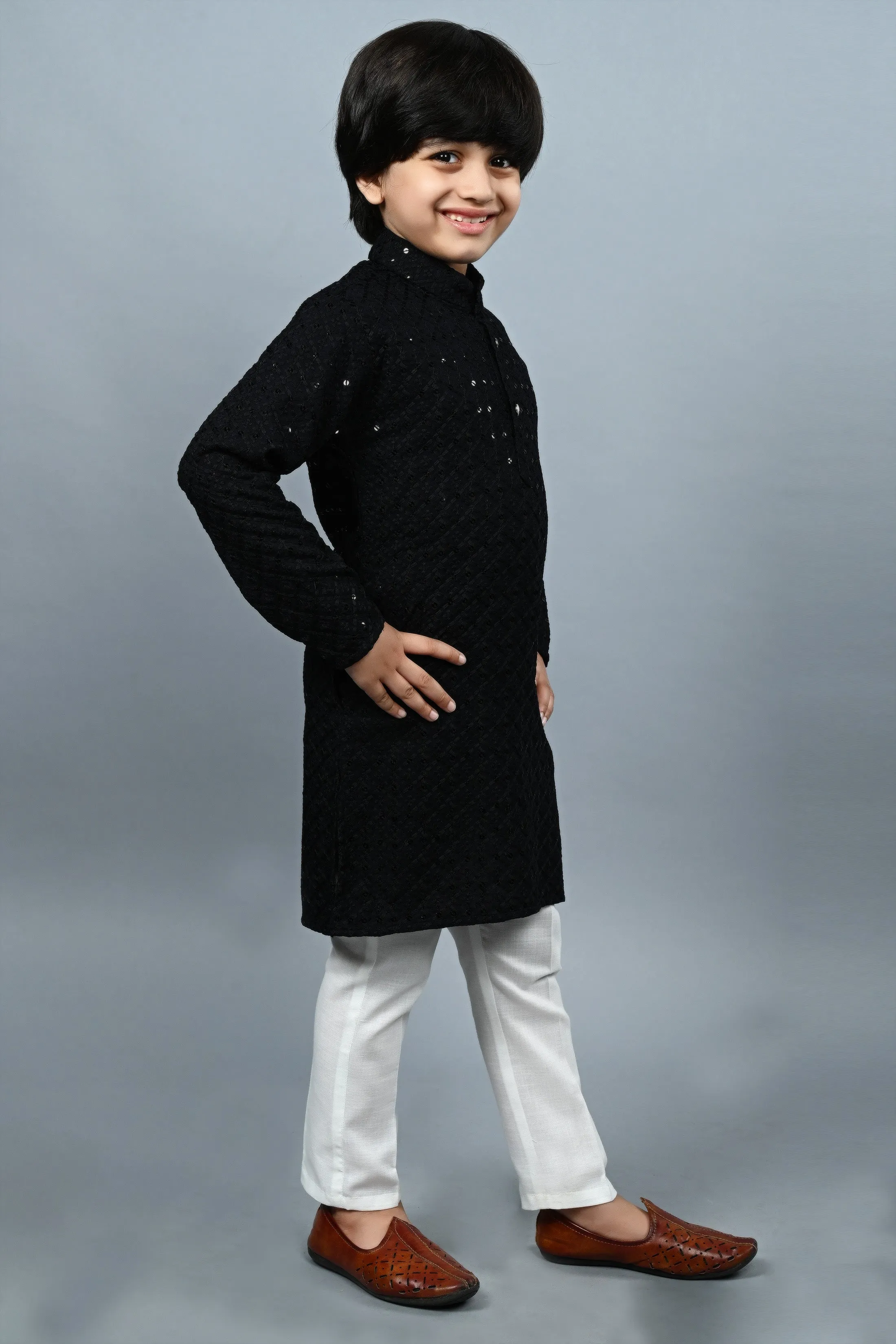 Ahhaaaa Kid's Full Sequin Embroidery Mirror Work Kurta with Pajama for Boys