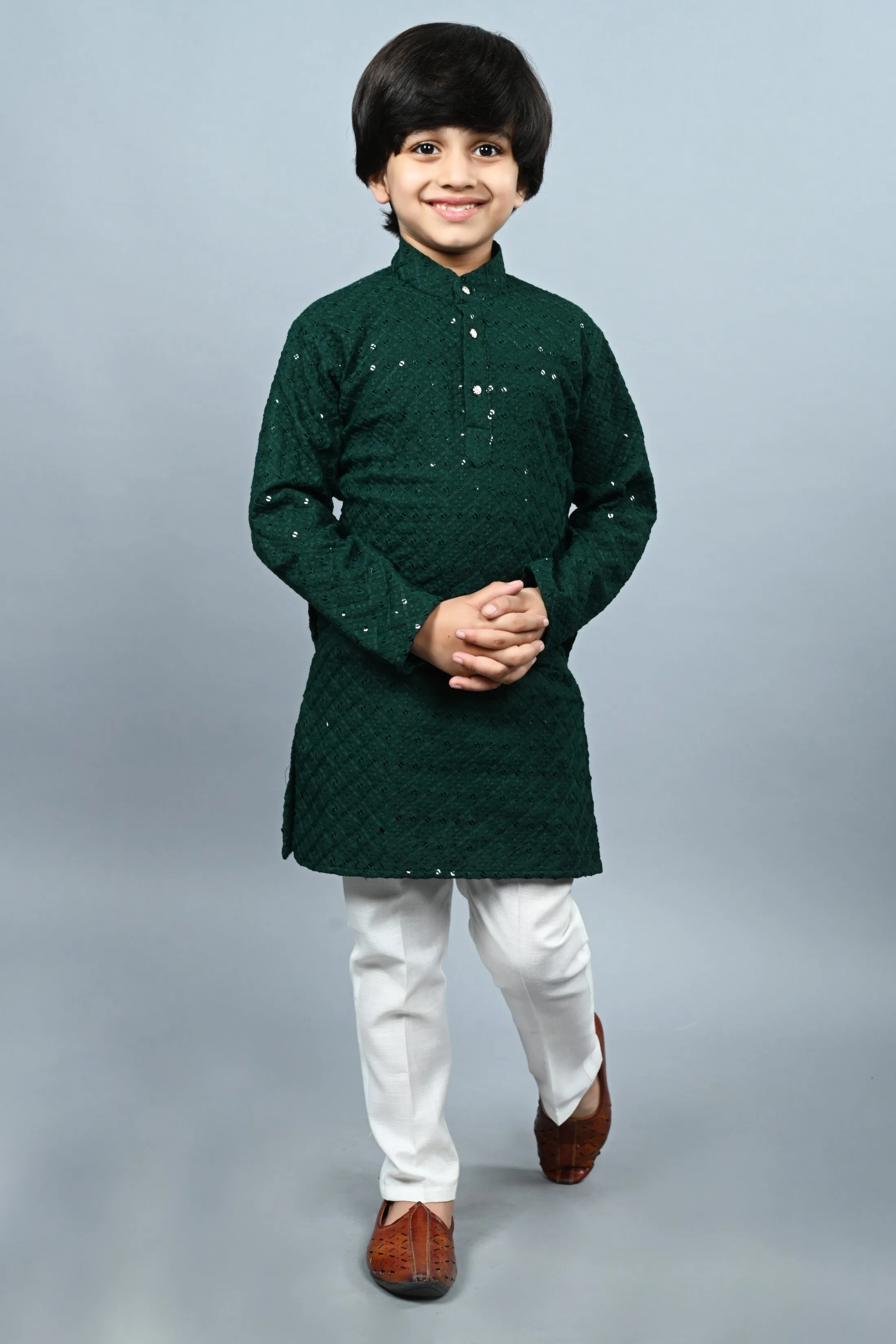 Ahhaaaa Kid's Full Sequin Embroidery Mirror Work Kurta with Pajama for Boys