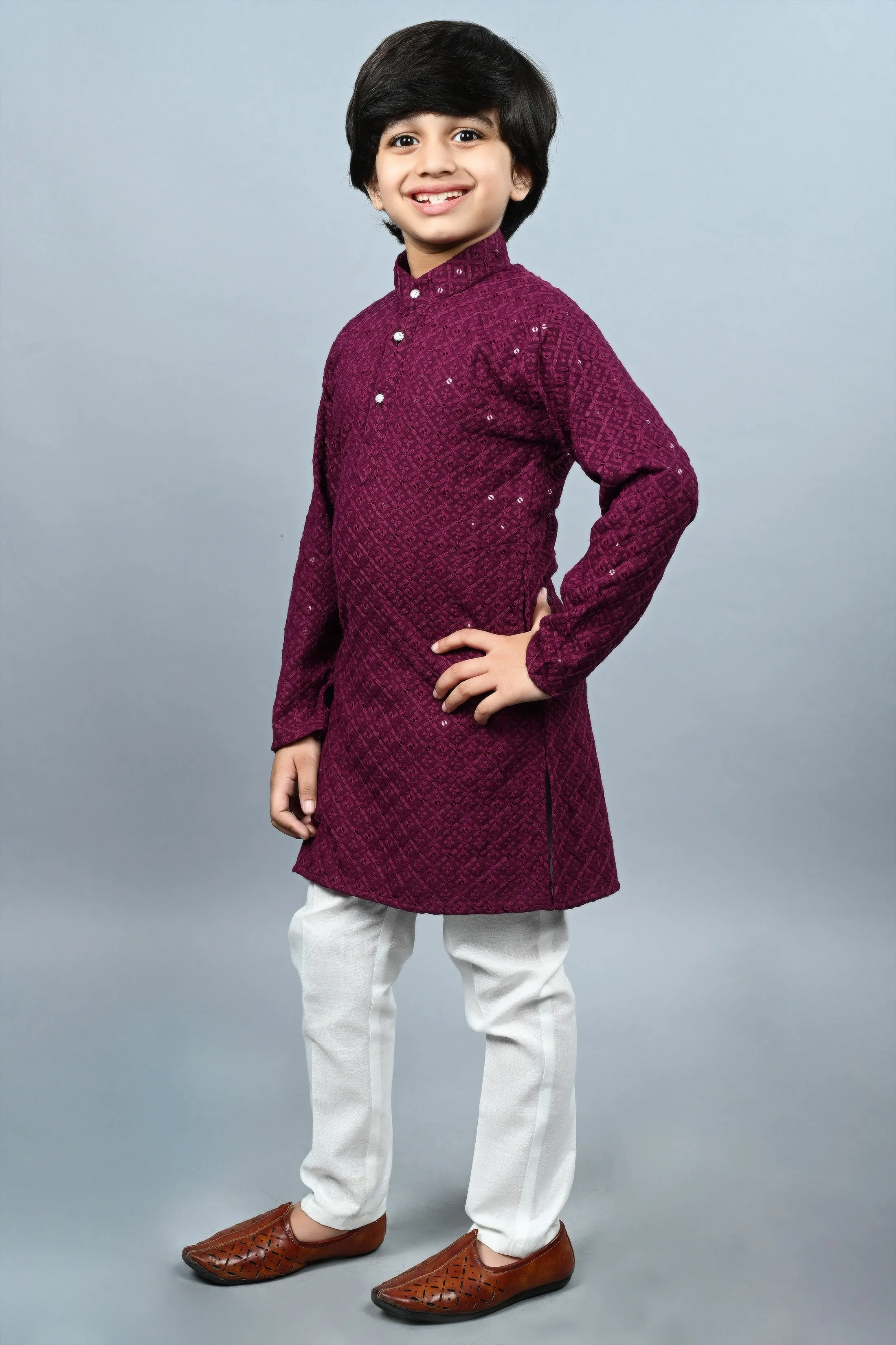 Ahhaaaa Kid's Full Sequin Embroidery Mirror Work Kurta with Pajama for Boys