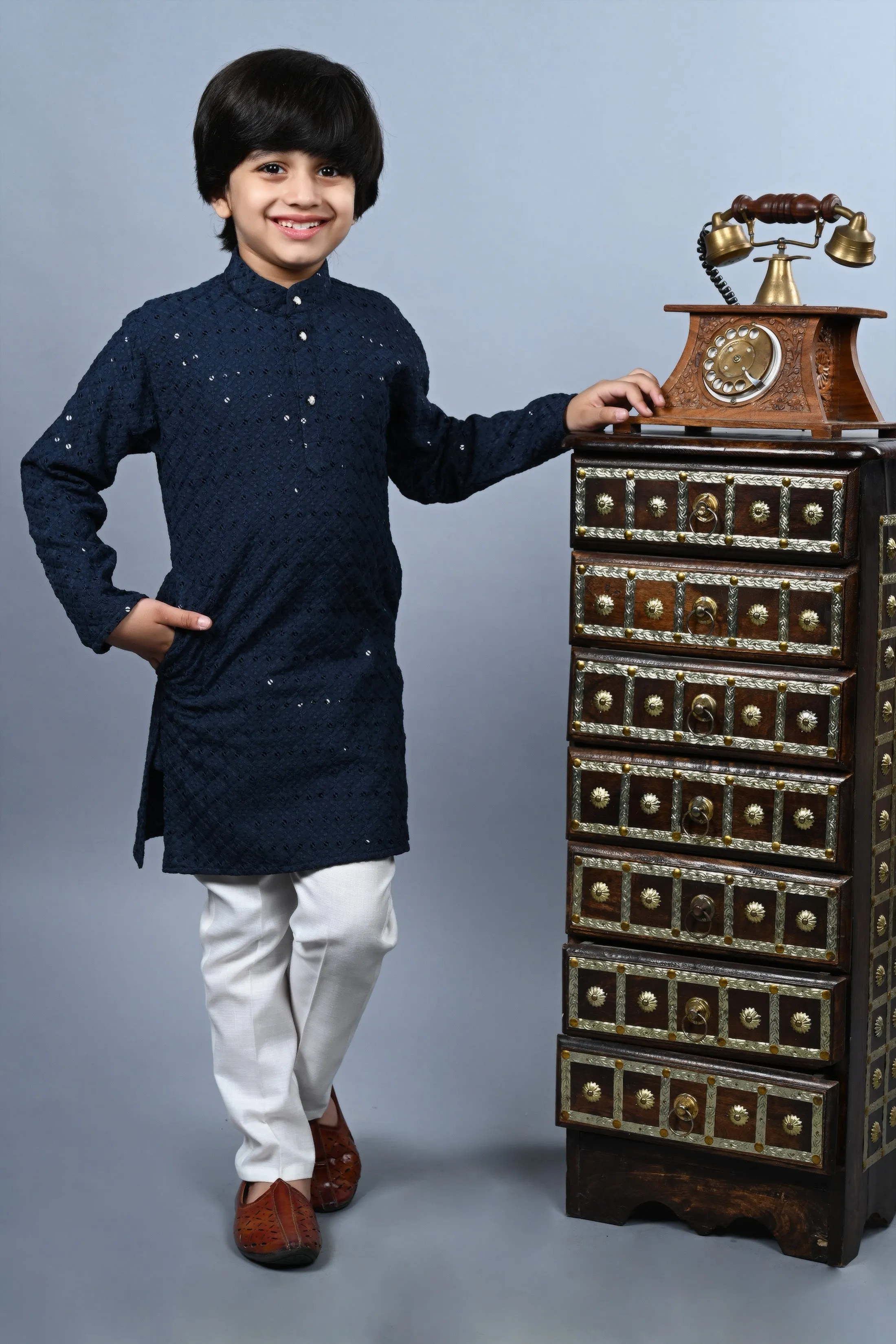 Ahhaaaa Kid's Full Sequin Embroidery Mirror Work Kurta with Pajama for Boys