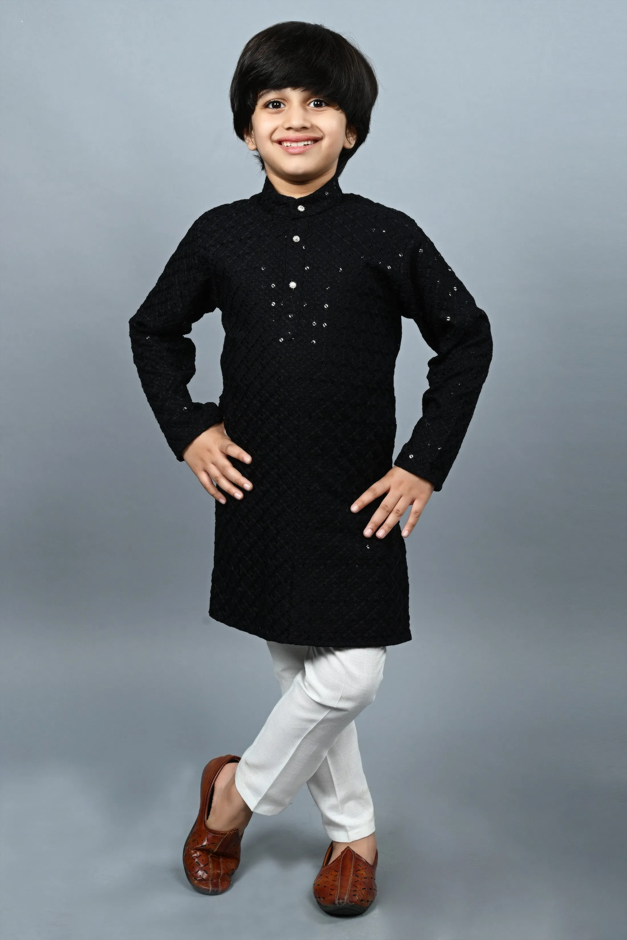 Ahhaaaa Kid's Full Sequin Embroidery Mirror Work Kurta with Pajama for Boys