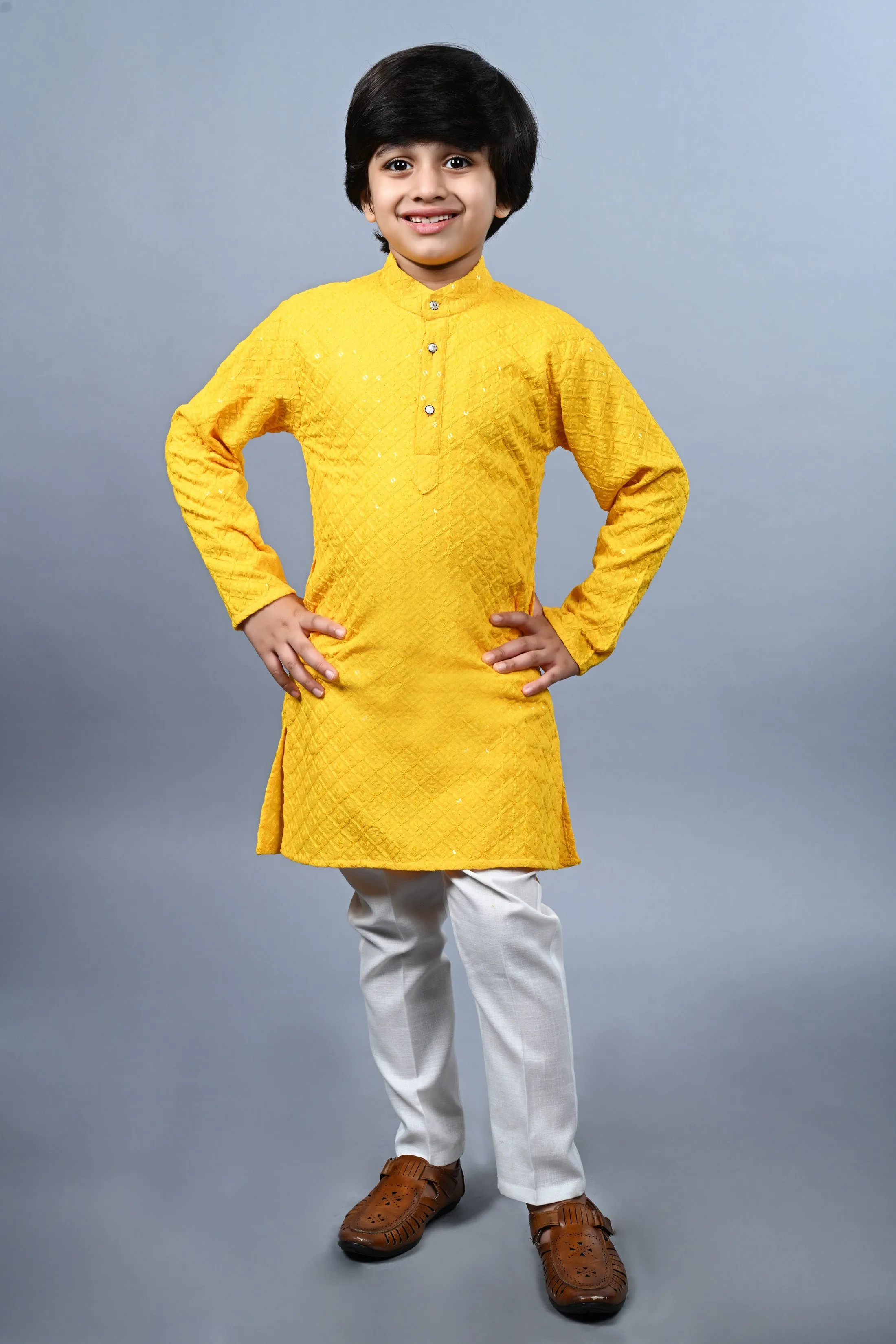 Ahhaaaa Kid's Full Sequin Embroidery Mirror Work Kurta with Pajama for Boys