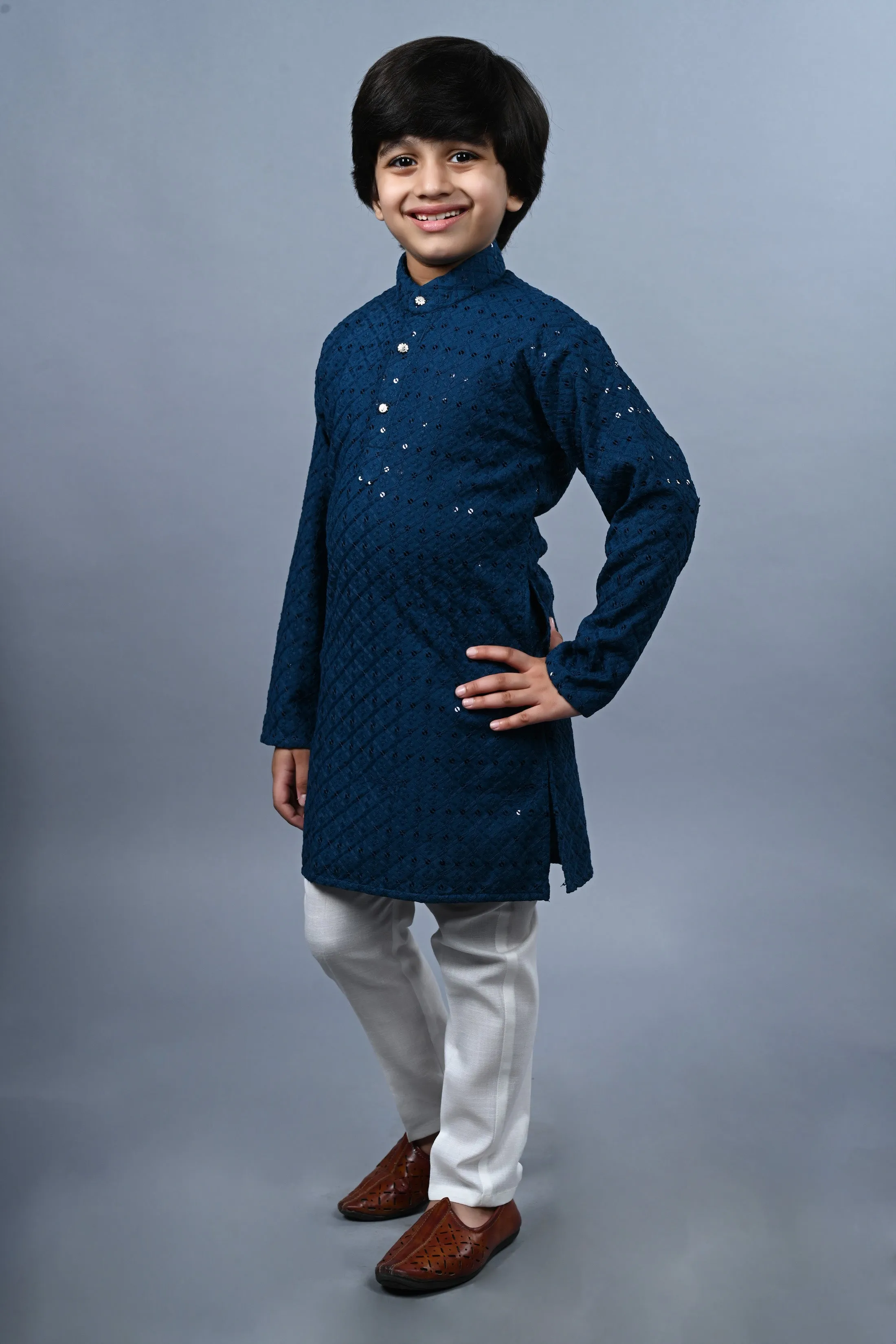 Ahhaaaa Kid's Full Sequin Embroidery Mirror Work Kurta with Pajama for Boys