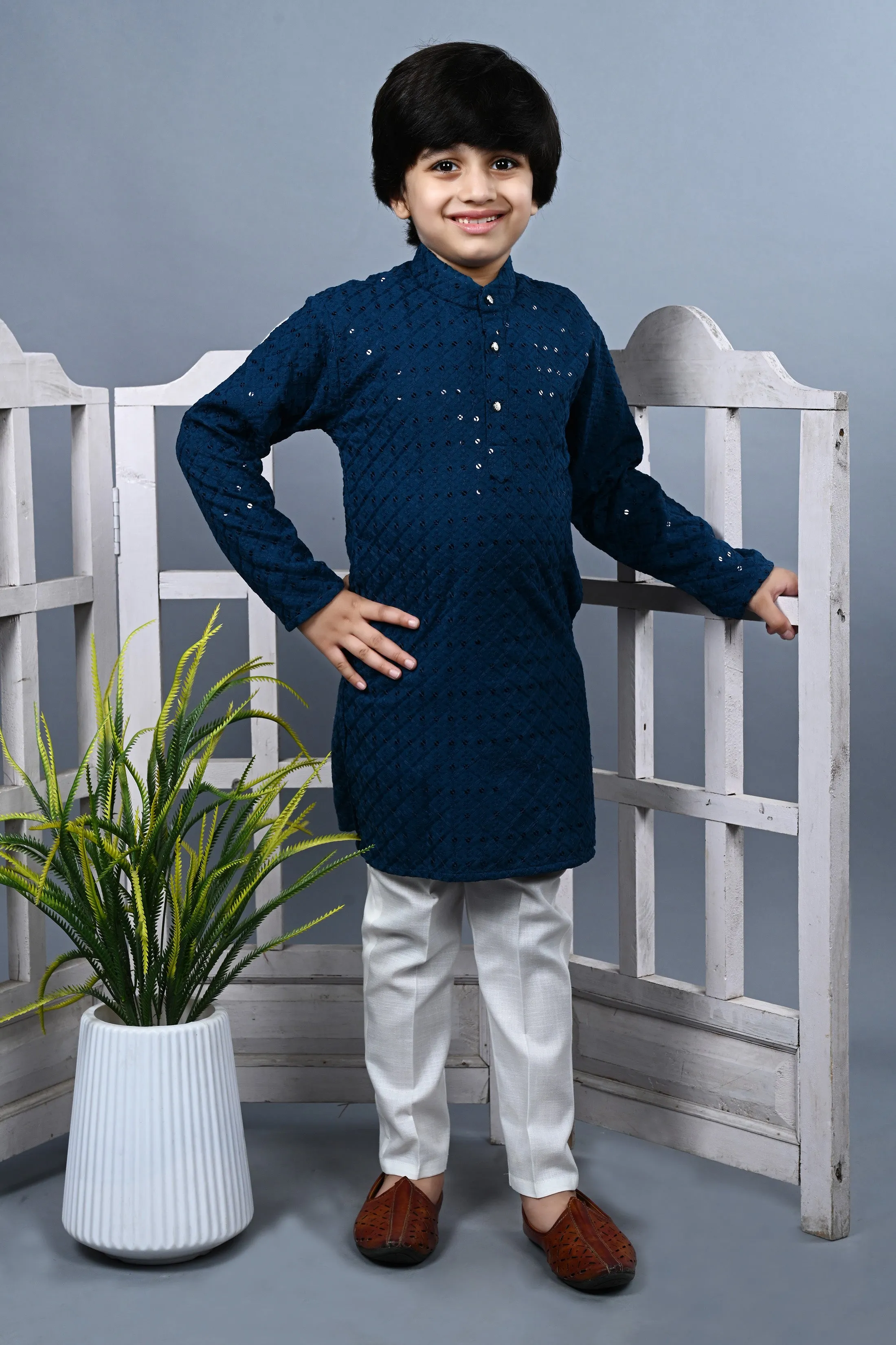 Ahhaaaa Kid's Full Sequin Embroidery Mirror Work Kurta with Pajama for Boys