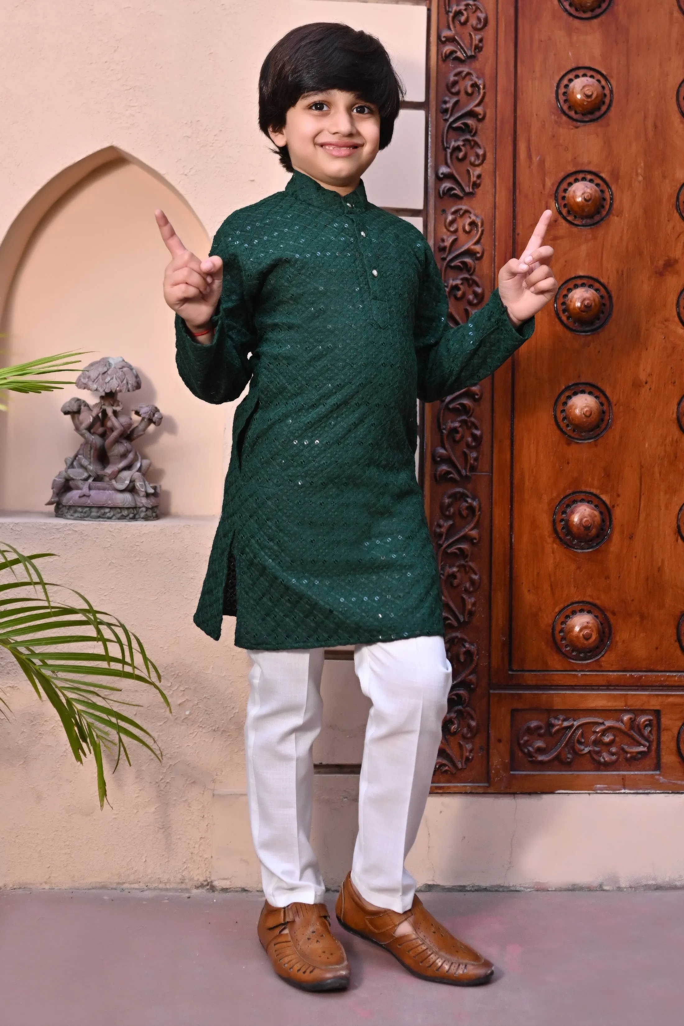 Ahhaaaa Kid's Full Sequin Embroidery Mirror Work Kurta with Pajama for Boys