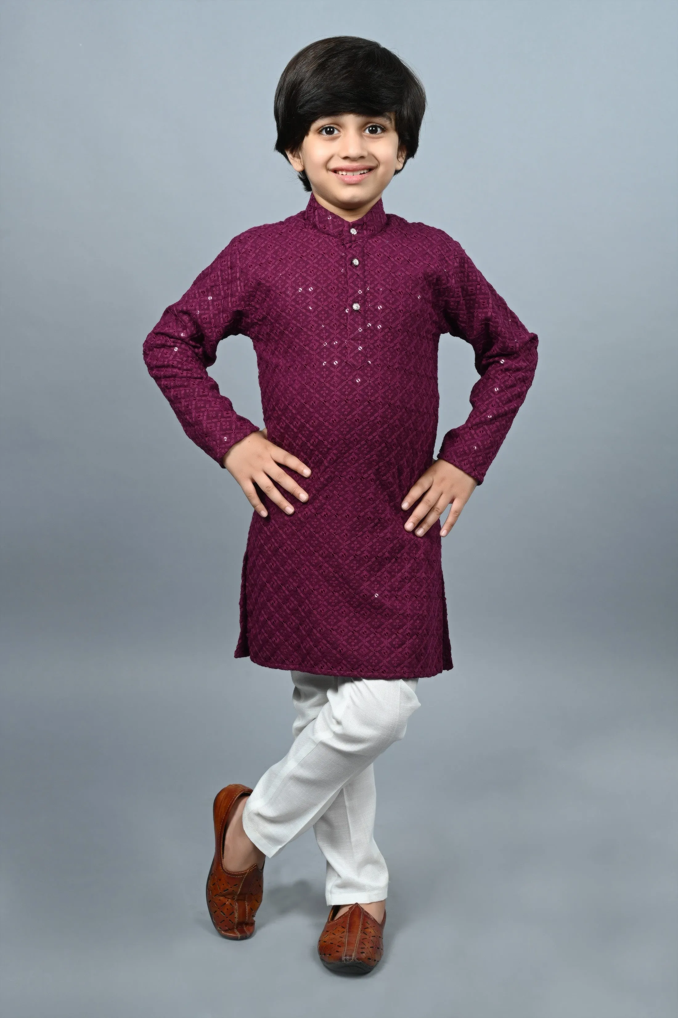 Ahhaaaa Kid's Full Sequin Embroidery Mirror Work Kurta with Pajama for Boys