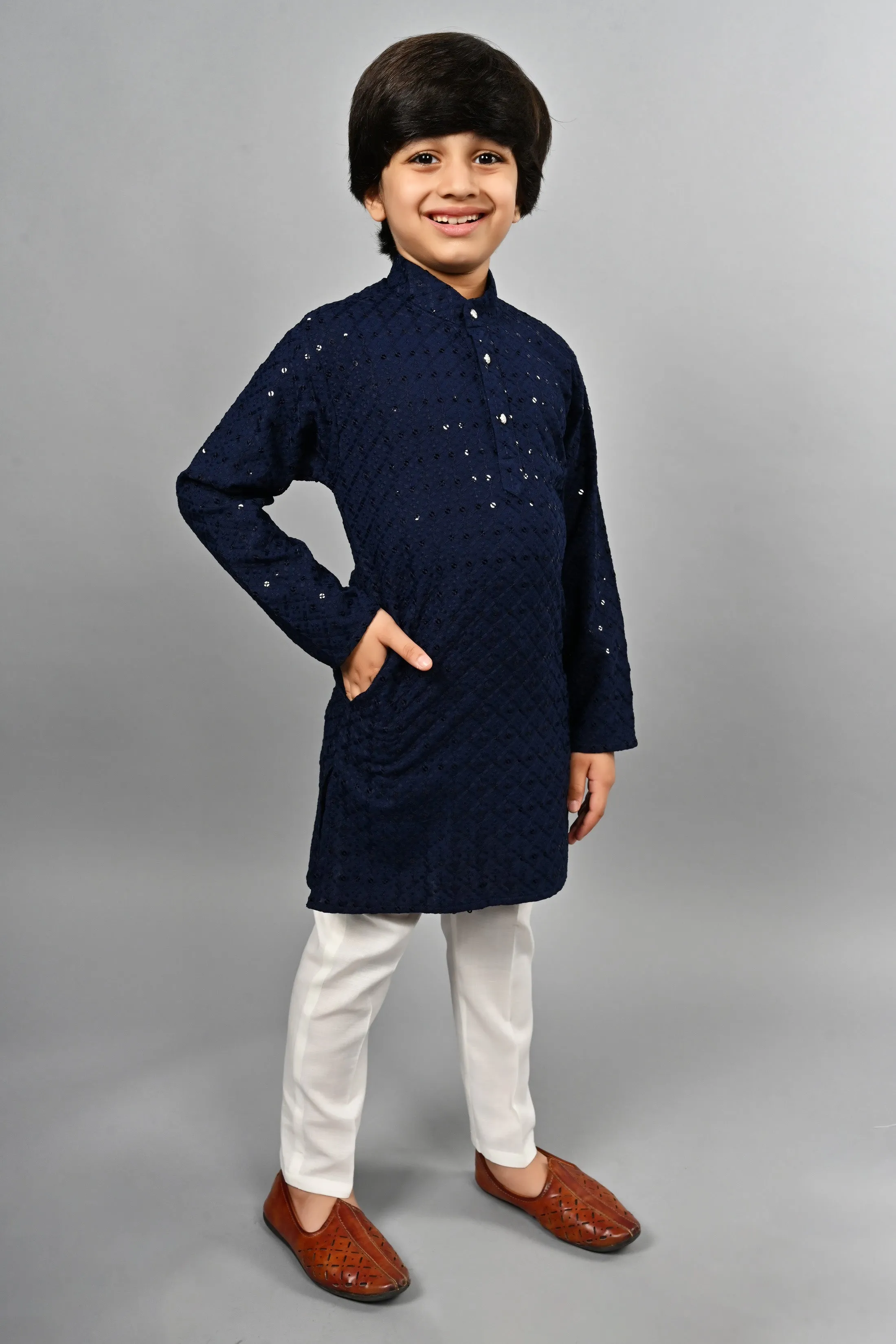 Ahhaaaa Kid's Full Sequin Embroidery Mirror Work Kurta with Pajama for Boys