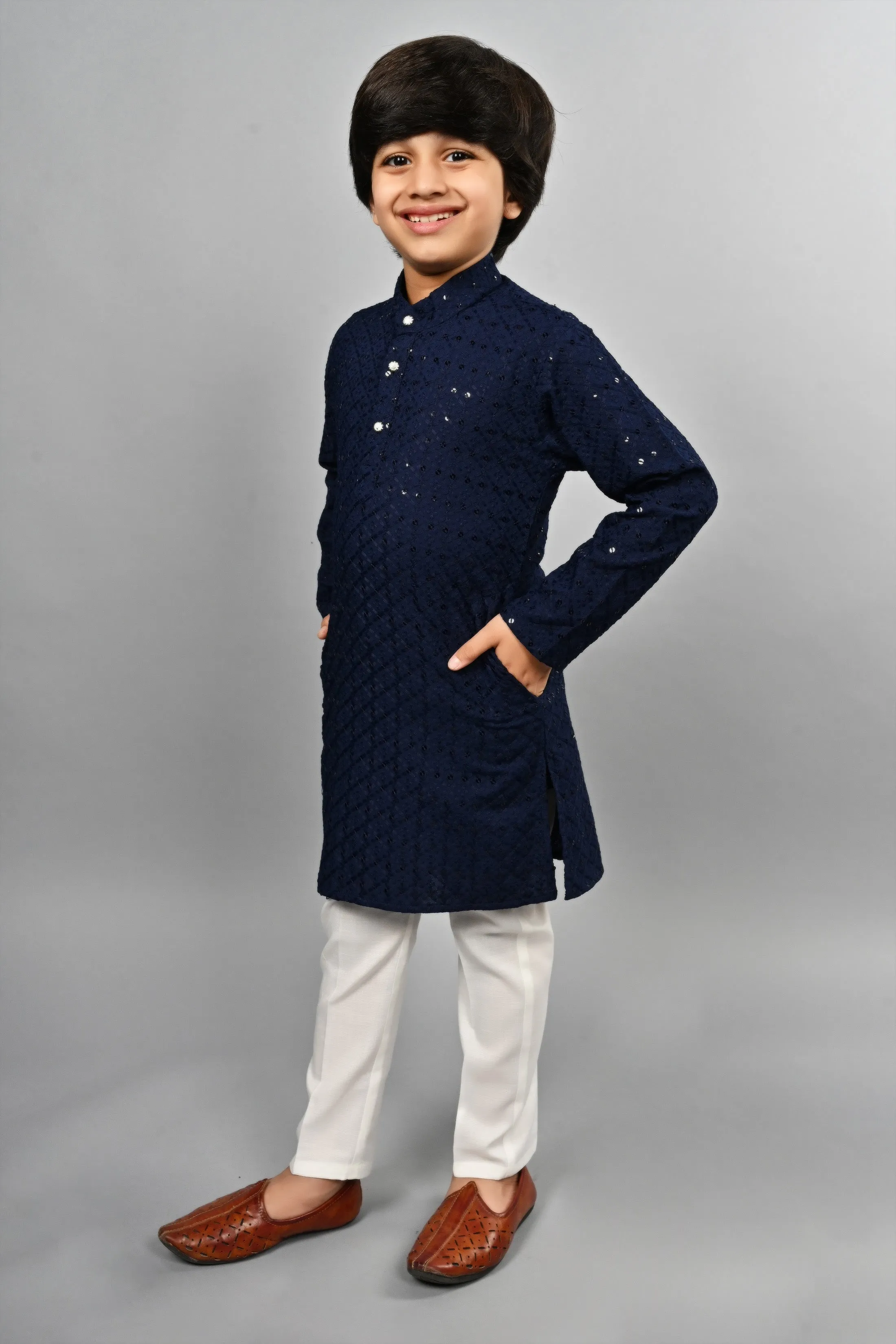 Ahhaaaa Kid's Full Sequin Embroidery Mirror Work Kurta with Pajama for Boys