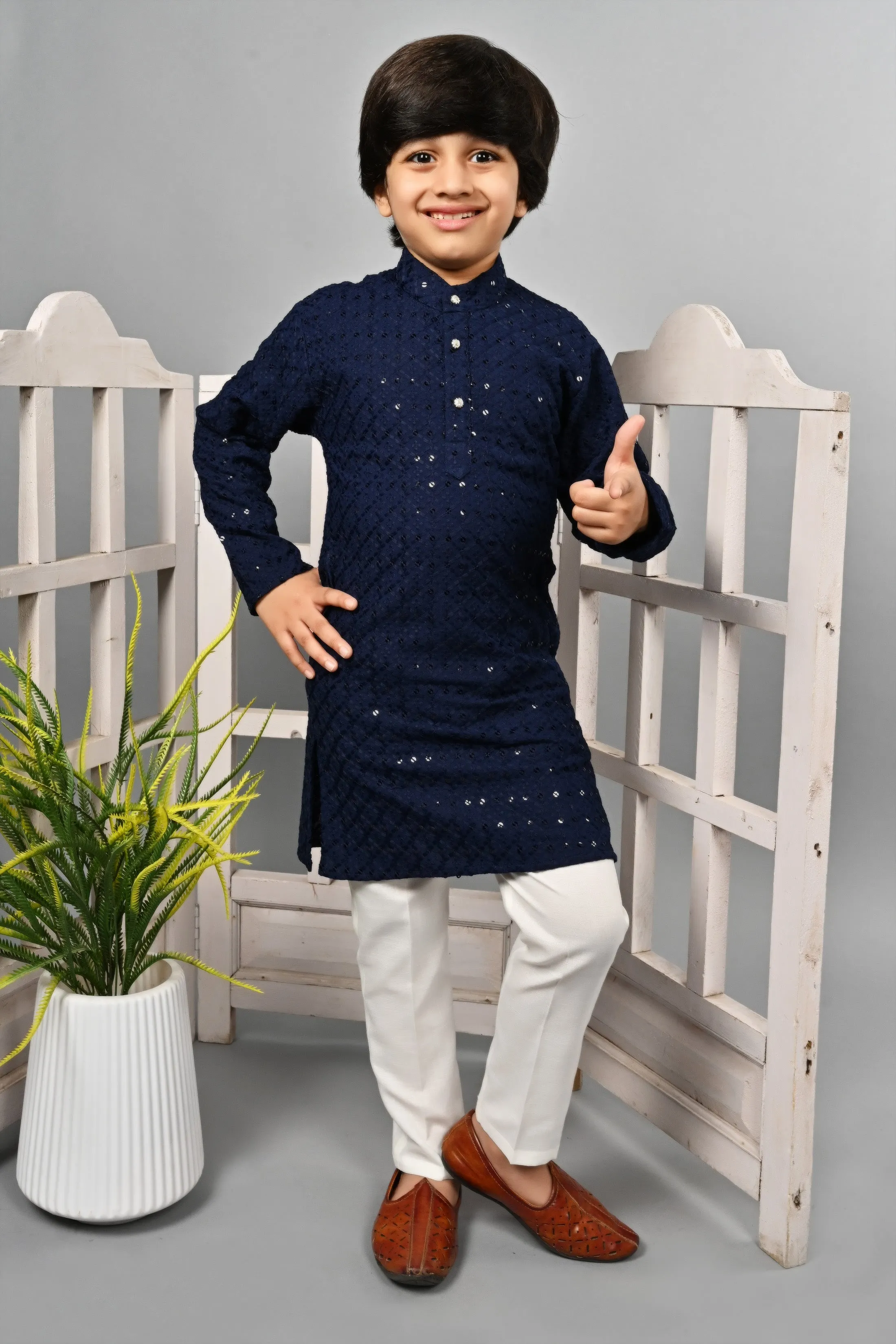 Ahhaaaa Kid's Full Sequin Embroidery Mirror Work Kurta with Pajama for Boys