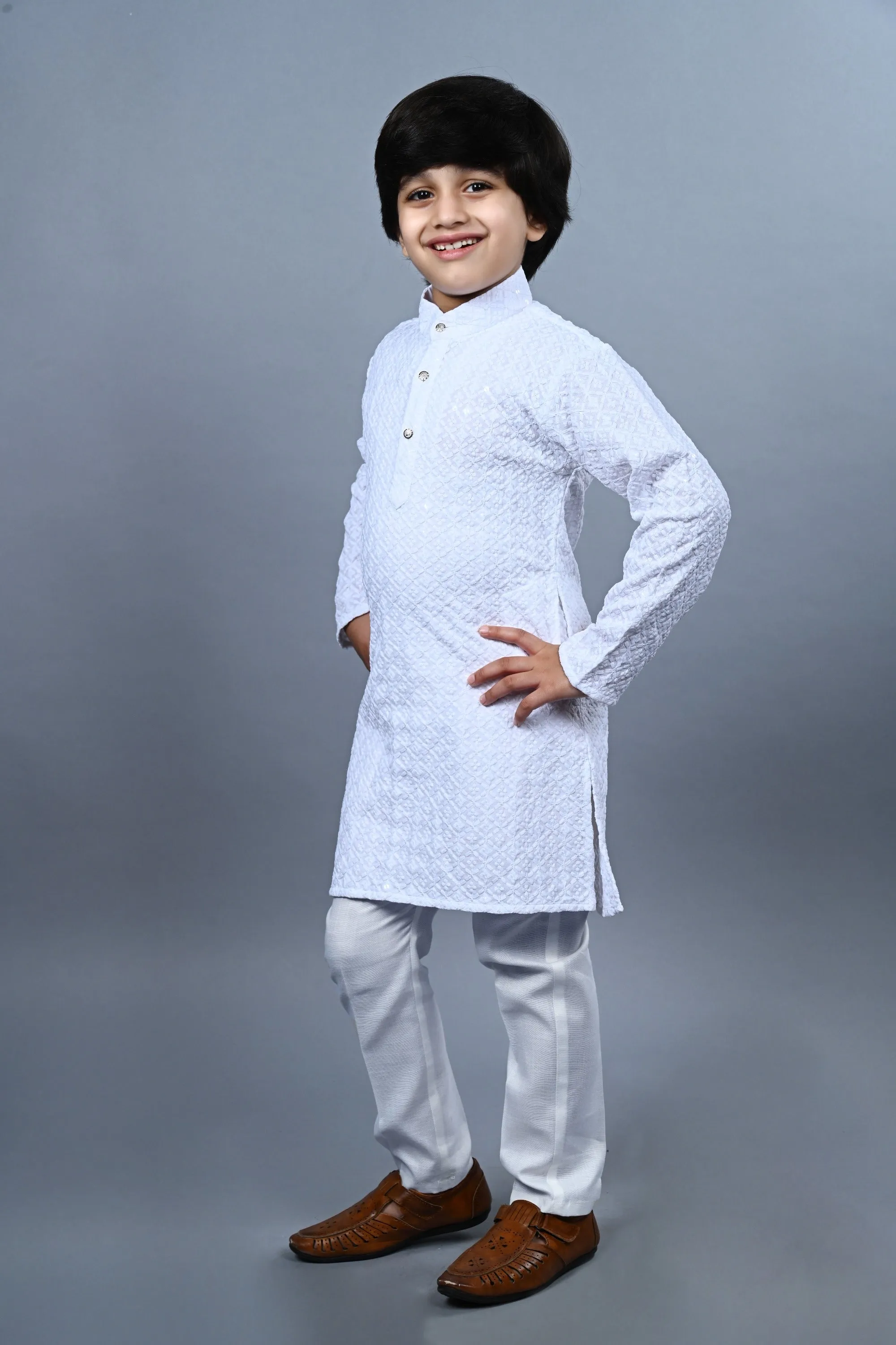 Ahhaaaa Kid's Full Sequin Embroidery Mirror Work Kurta with Pajama for Boys