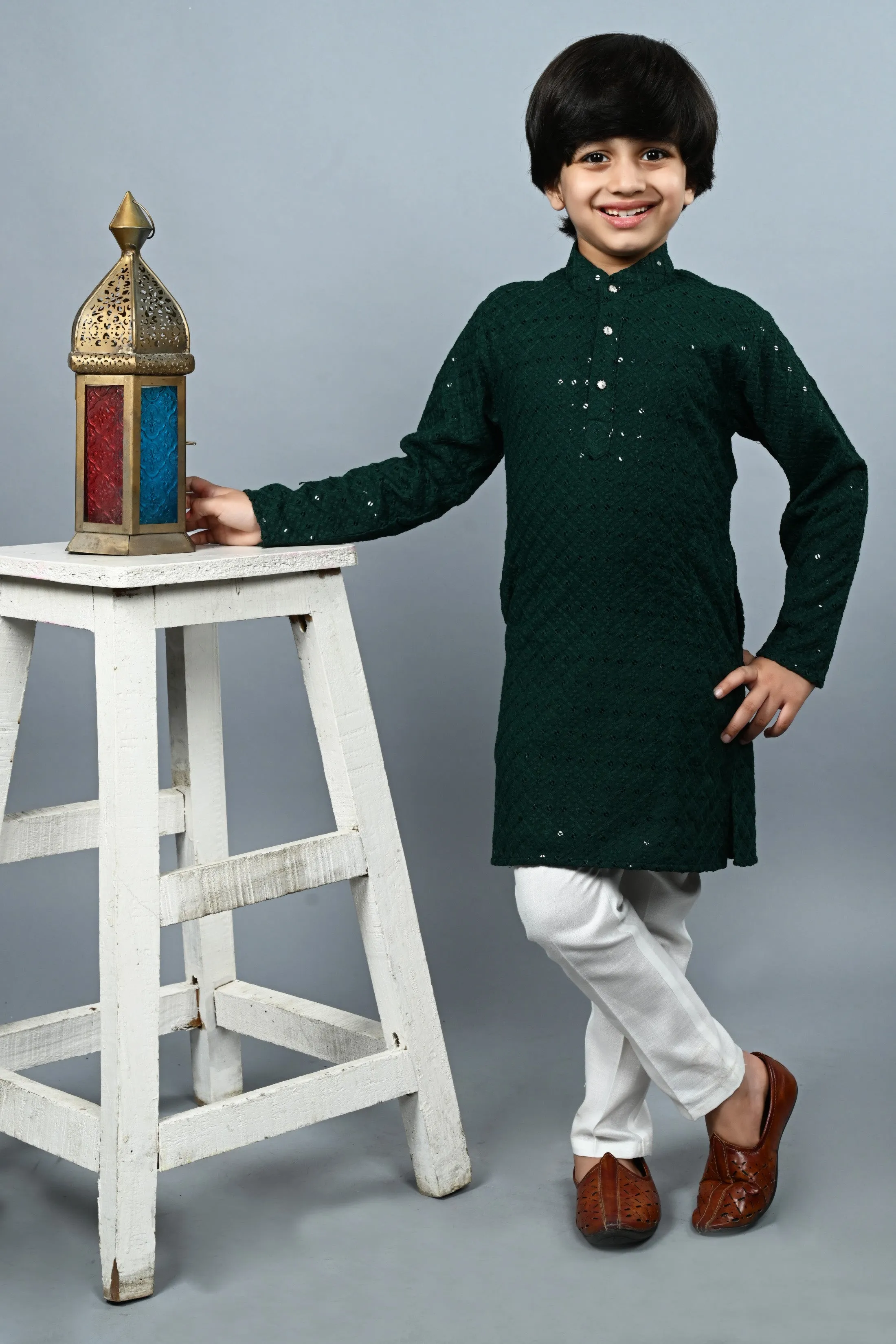 Ahhaaaa Kid's Full Sequin Embroidery Mirror Work Kurta with Pajama for Boys