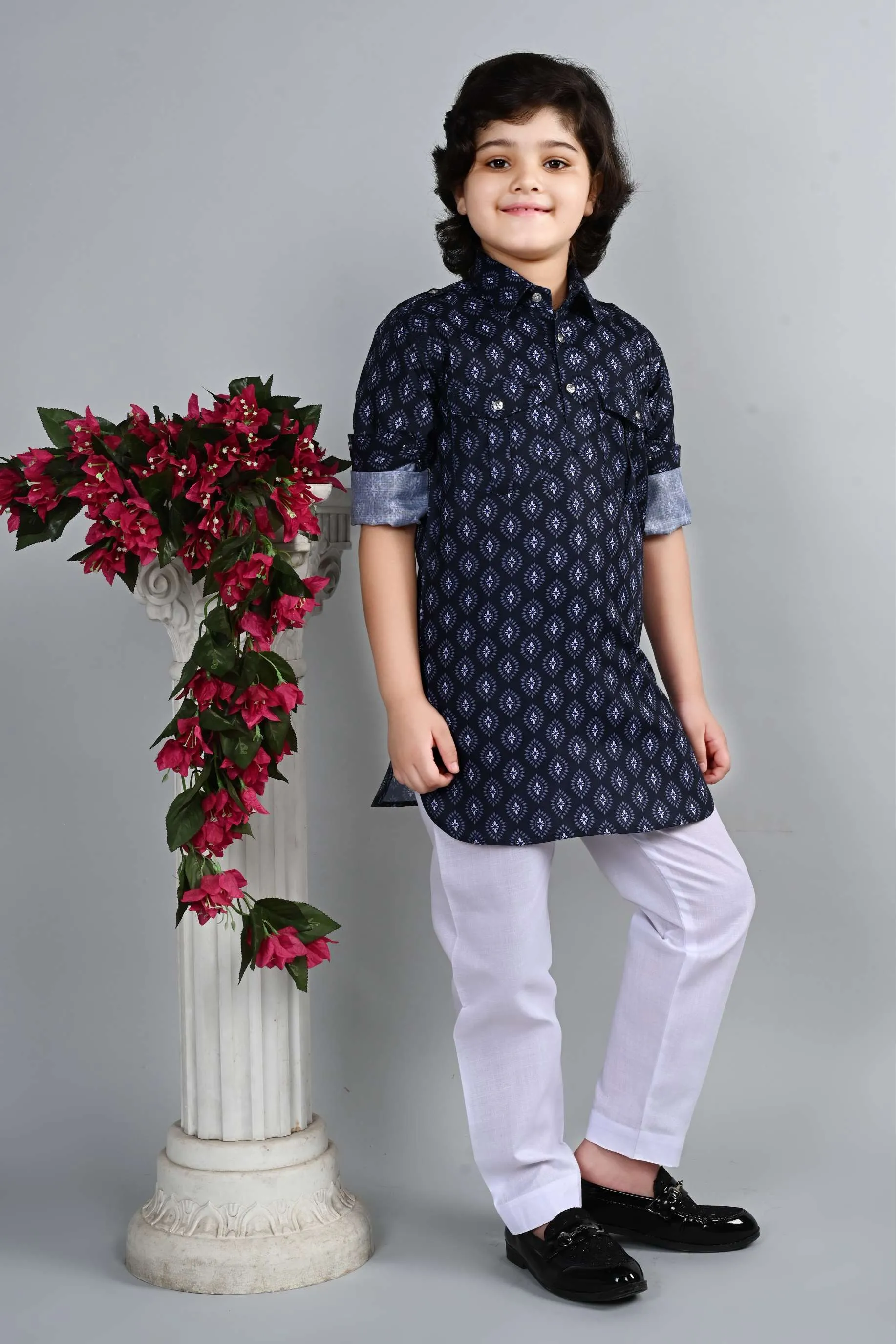 Ahhaaaa Kid's Indian Ethnic Wear Floral Printed Kurta and White Patiala Set for Boys