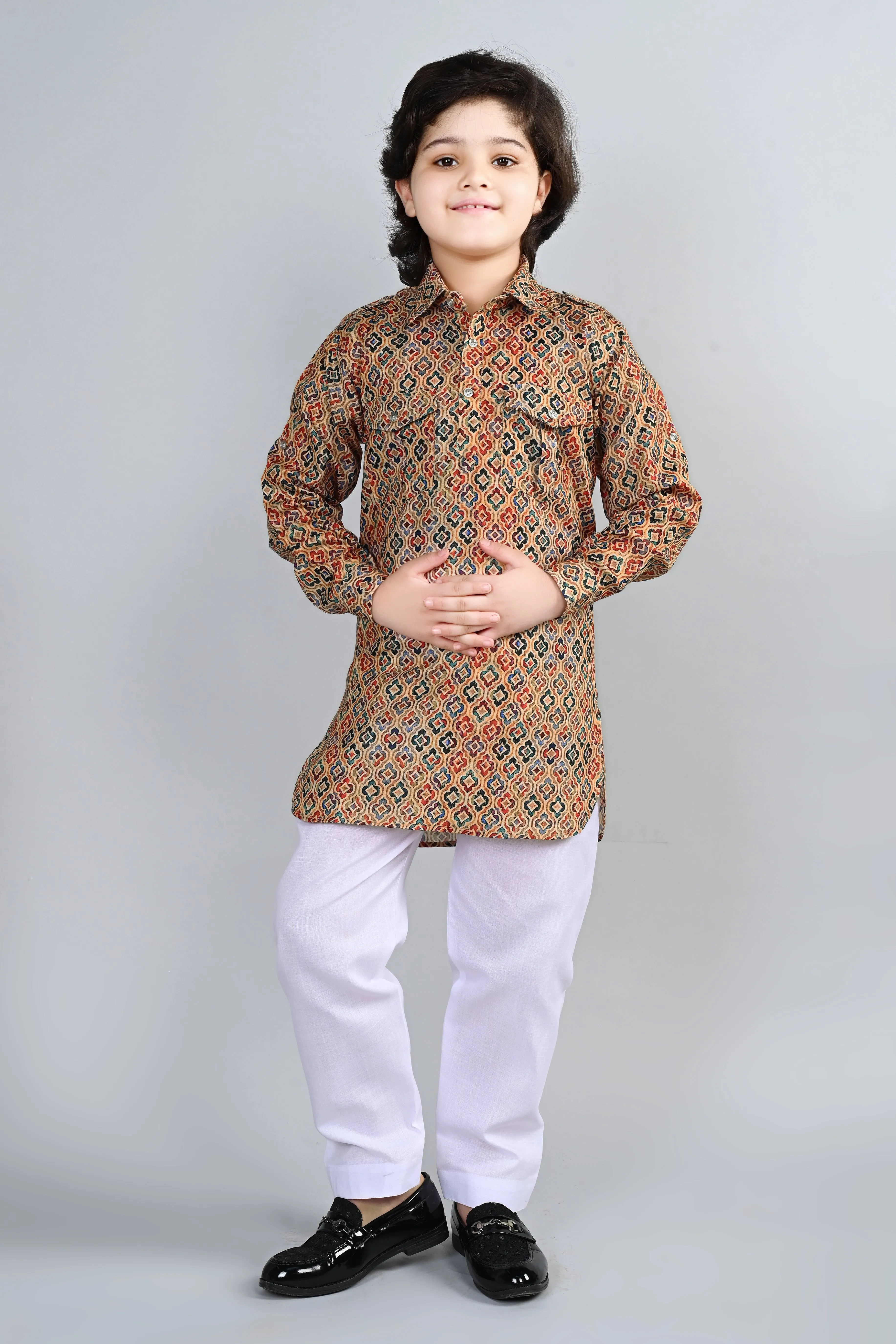 Ahhaaaa Kid's Indian Ethnic Wear Floral Printed Kurta and White Patiala Set for Boys