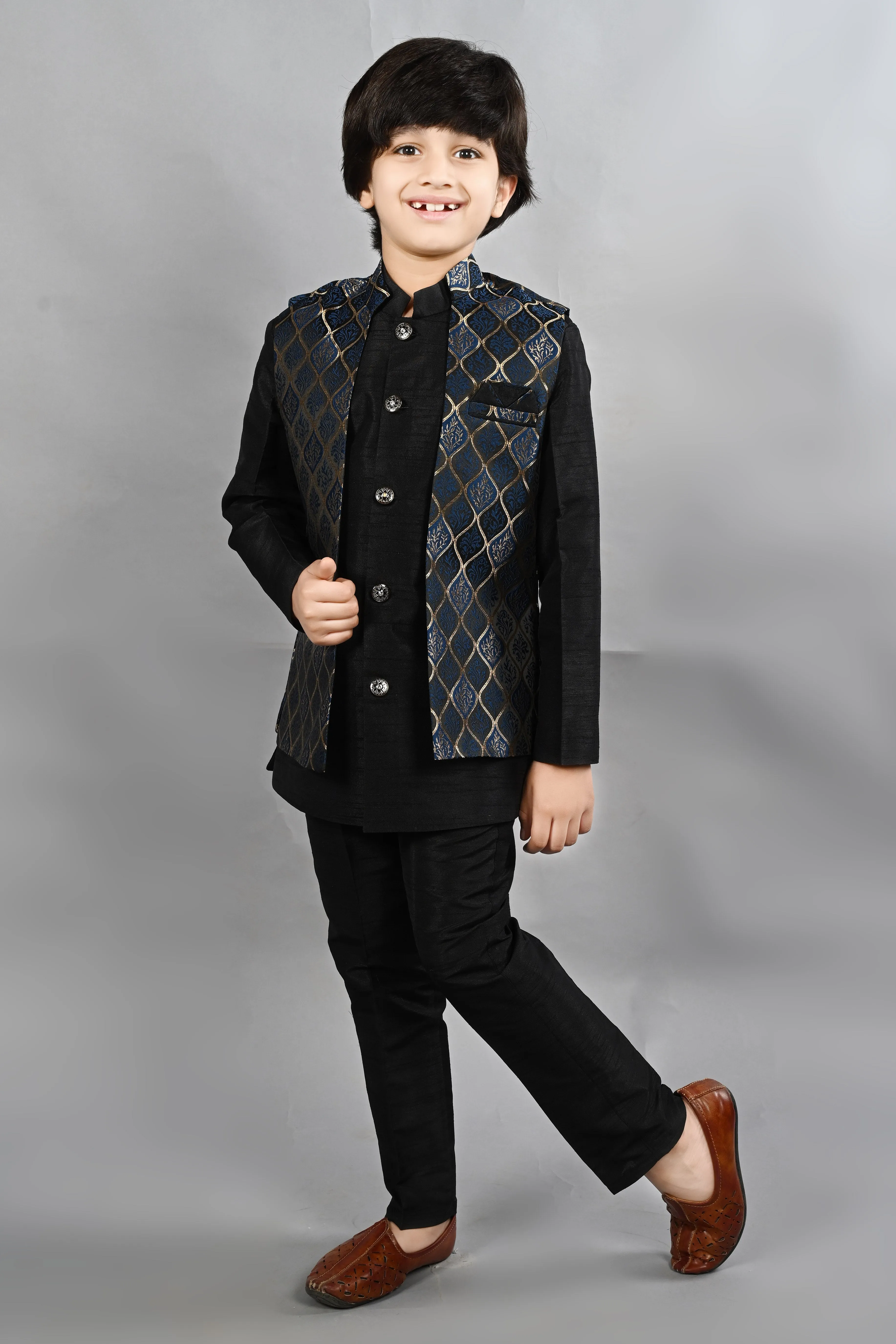 Ahhaaaa Kids Silk Blend Waistcoat, Kurta Pyjama 3 Piece Sherwani Set For Boys