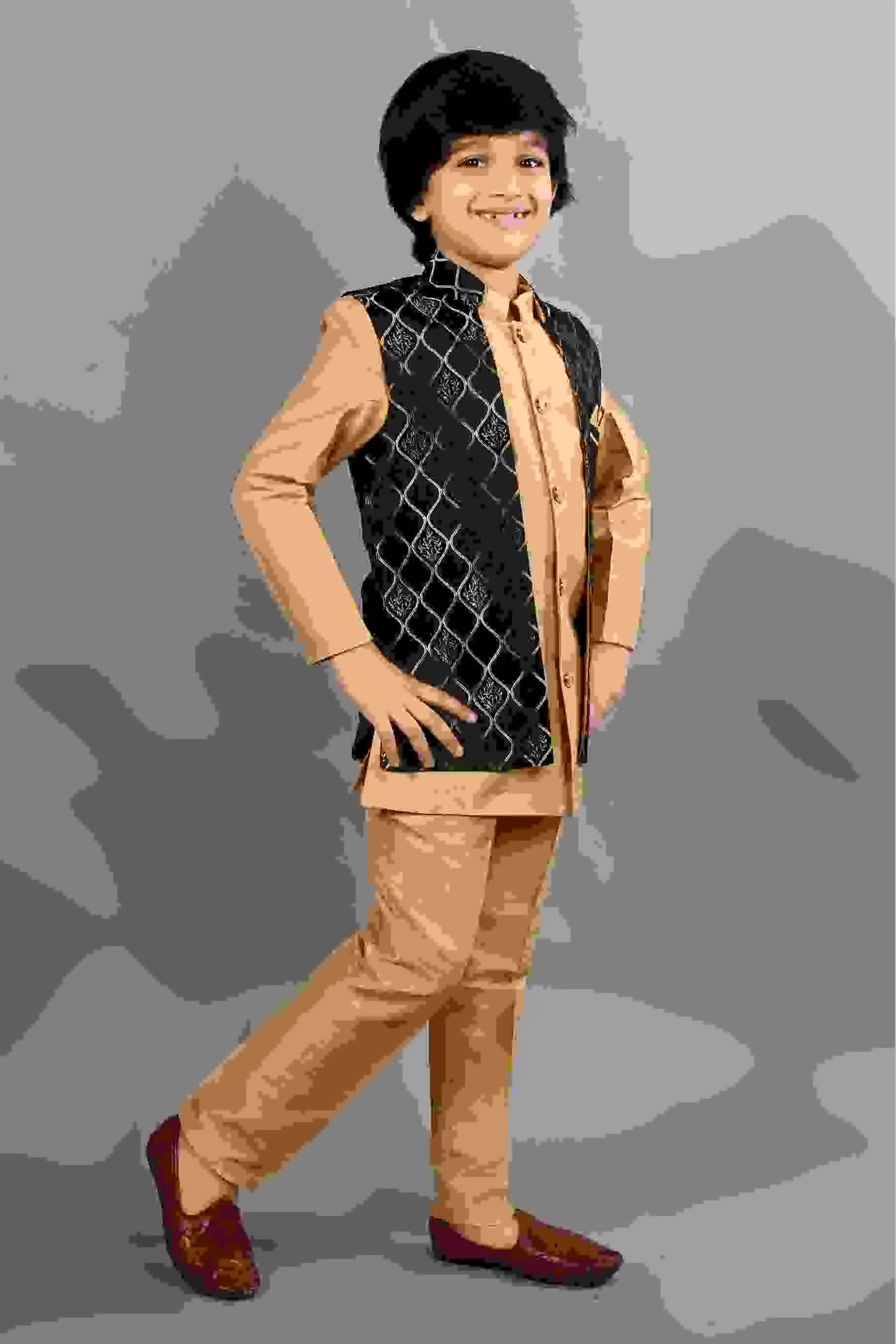 Ahhaaaa Kids Silk Blend Waistcoat, Kurta Pyjama 3 Piece Sherwani Set For Boys