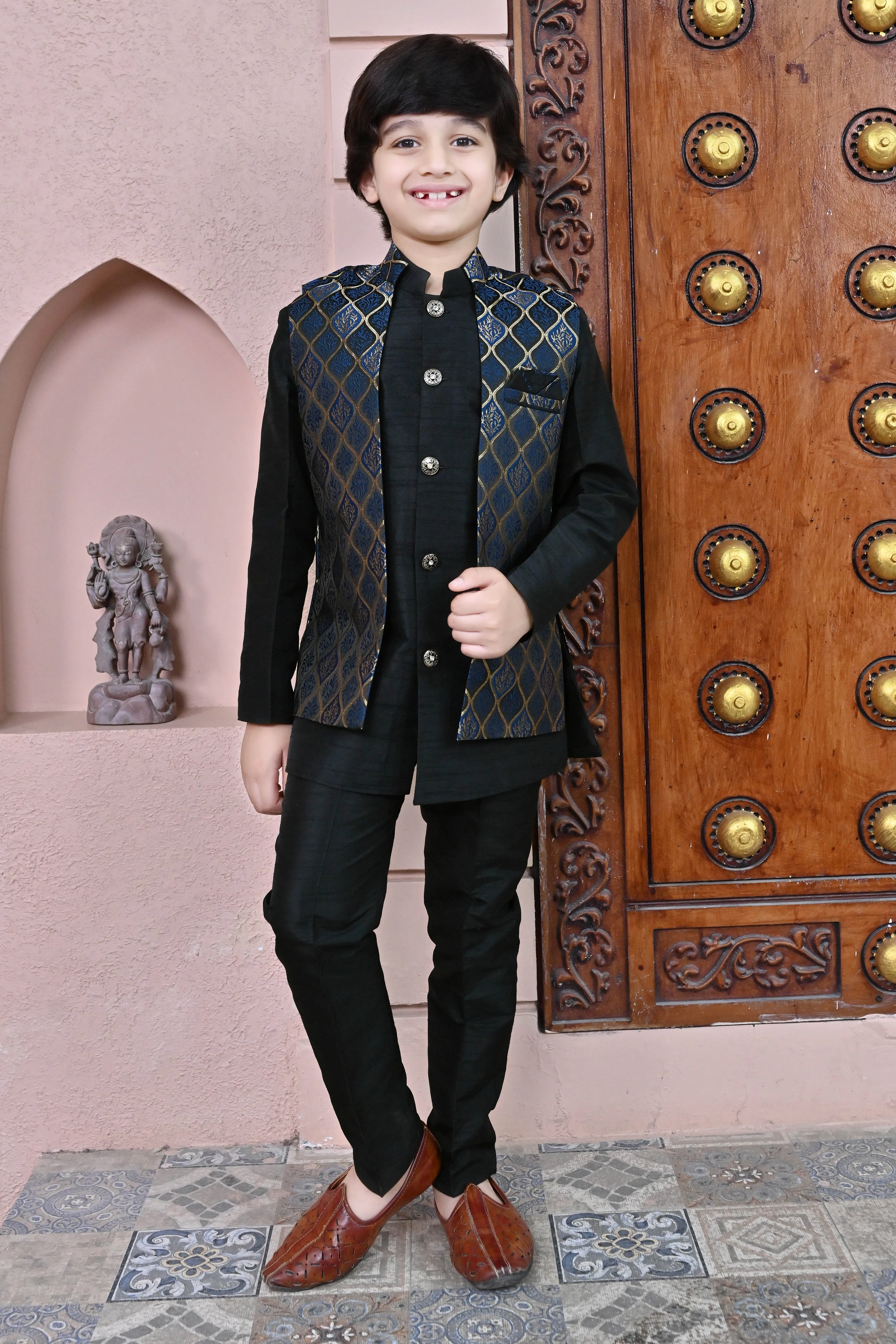 Ahhaaaa Kids Silk Blend Waistcoat, Kurta Pyjama 3 Piece Sherwani Set For Boys