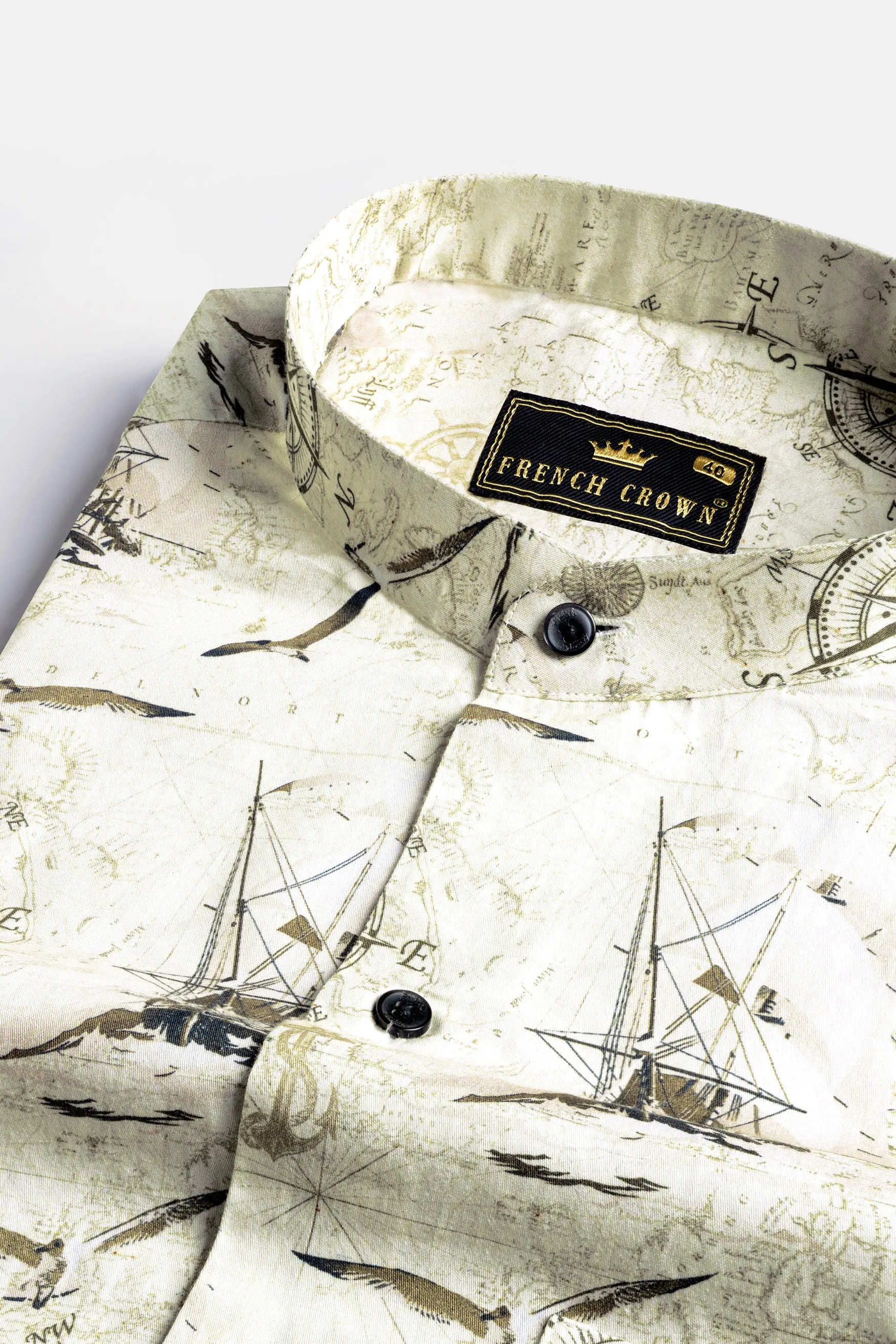 Albescent Beige and Kabul Brown Compass and ships Printed Subtle Sheen Super Soft Premium Cotton Designer Mandarin Shirt