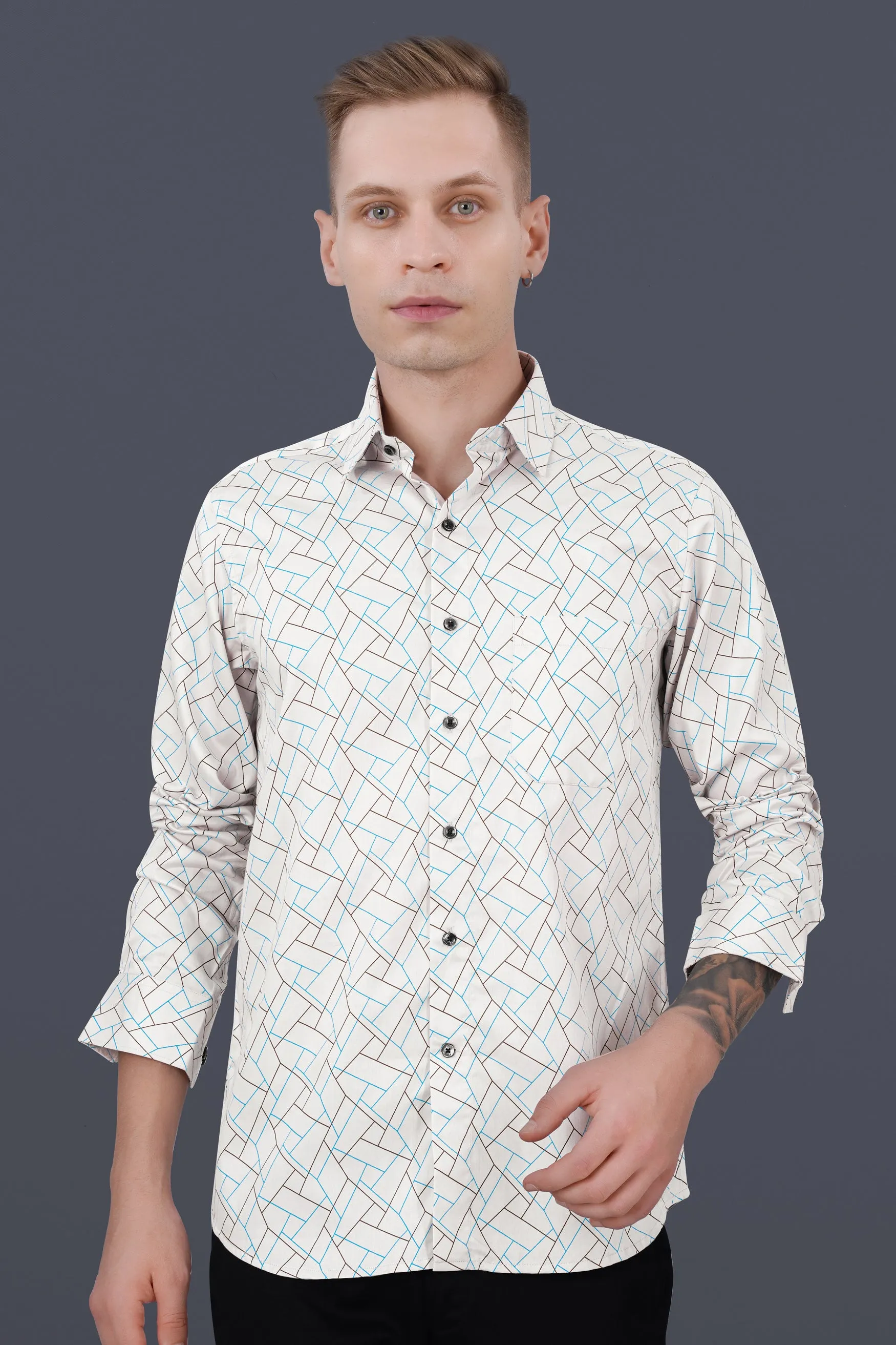 Alhambra Beige Multicolour Abstract Lines Printed Subtle Sheen Super Soft Premium Cotton Shirt