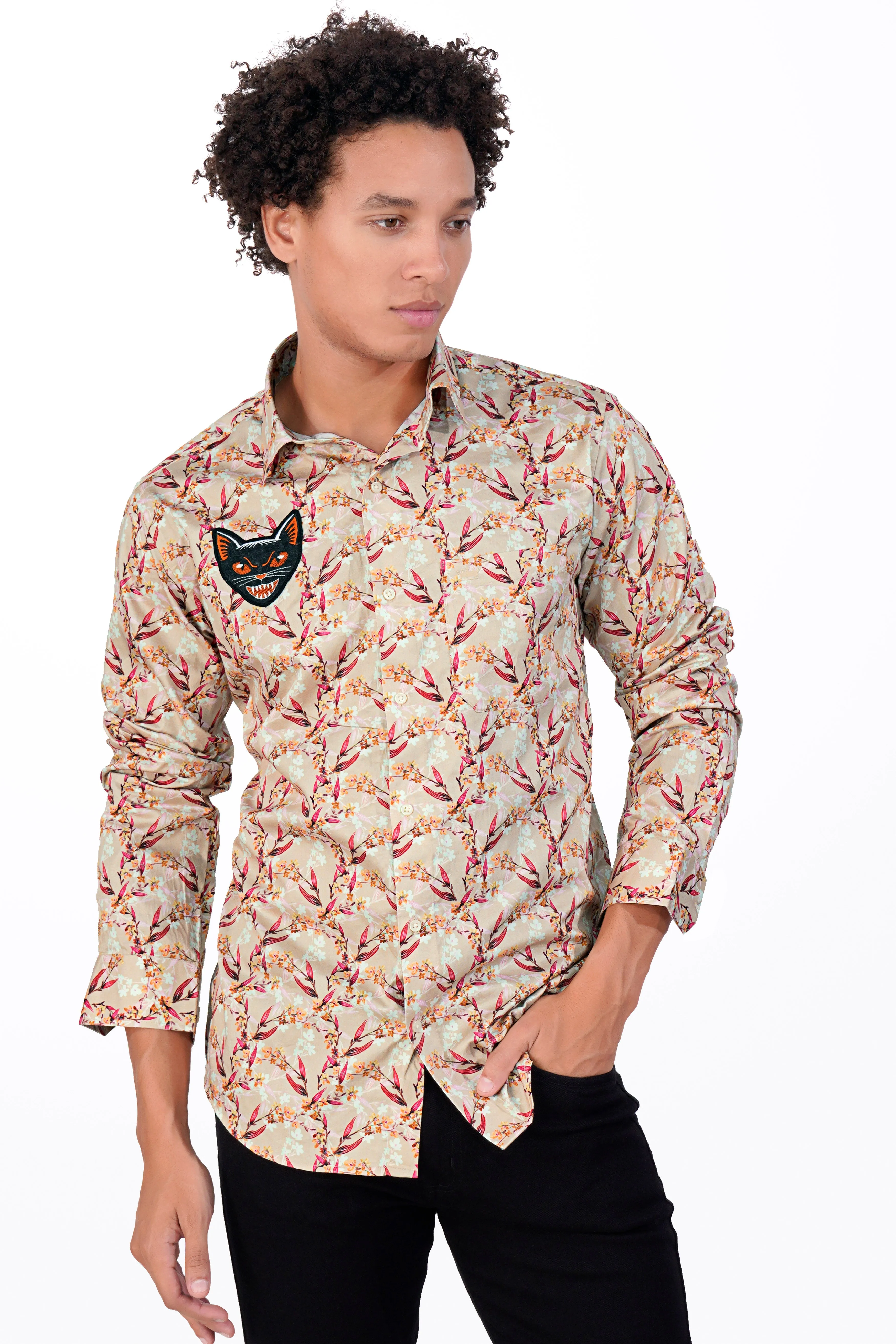 Almond Beige and Cerise Pink Leaves Printed with Cat Patchwork Super Soft Premium Cotton Designer Shirt