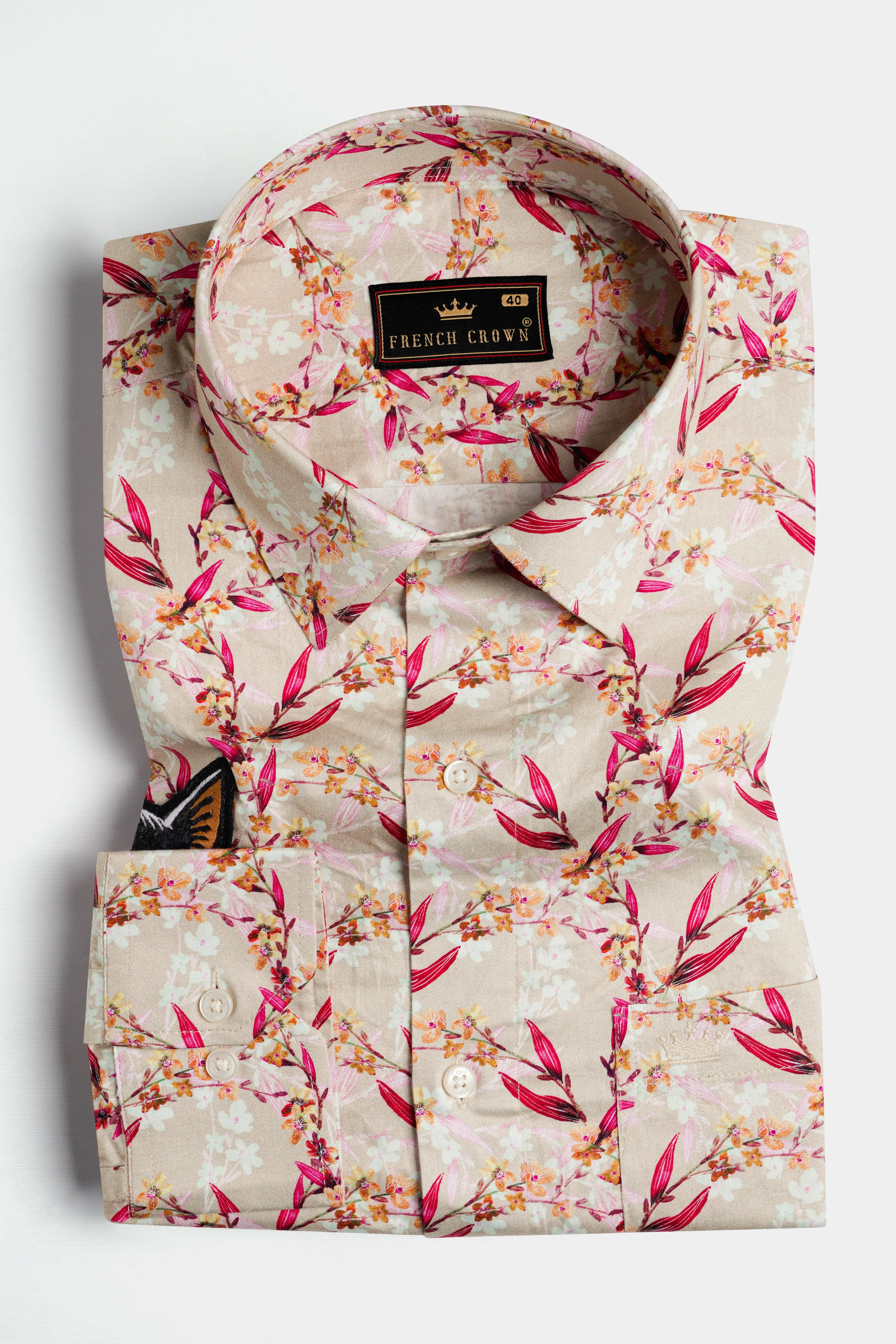 Almond Beige and Cerise Pink Leaves Printed with Cat Patchwork Super Soft Premium Cotton Designer Shirt