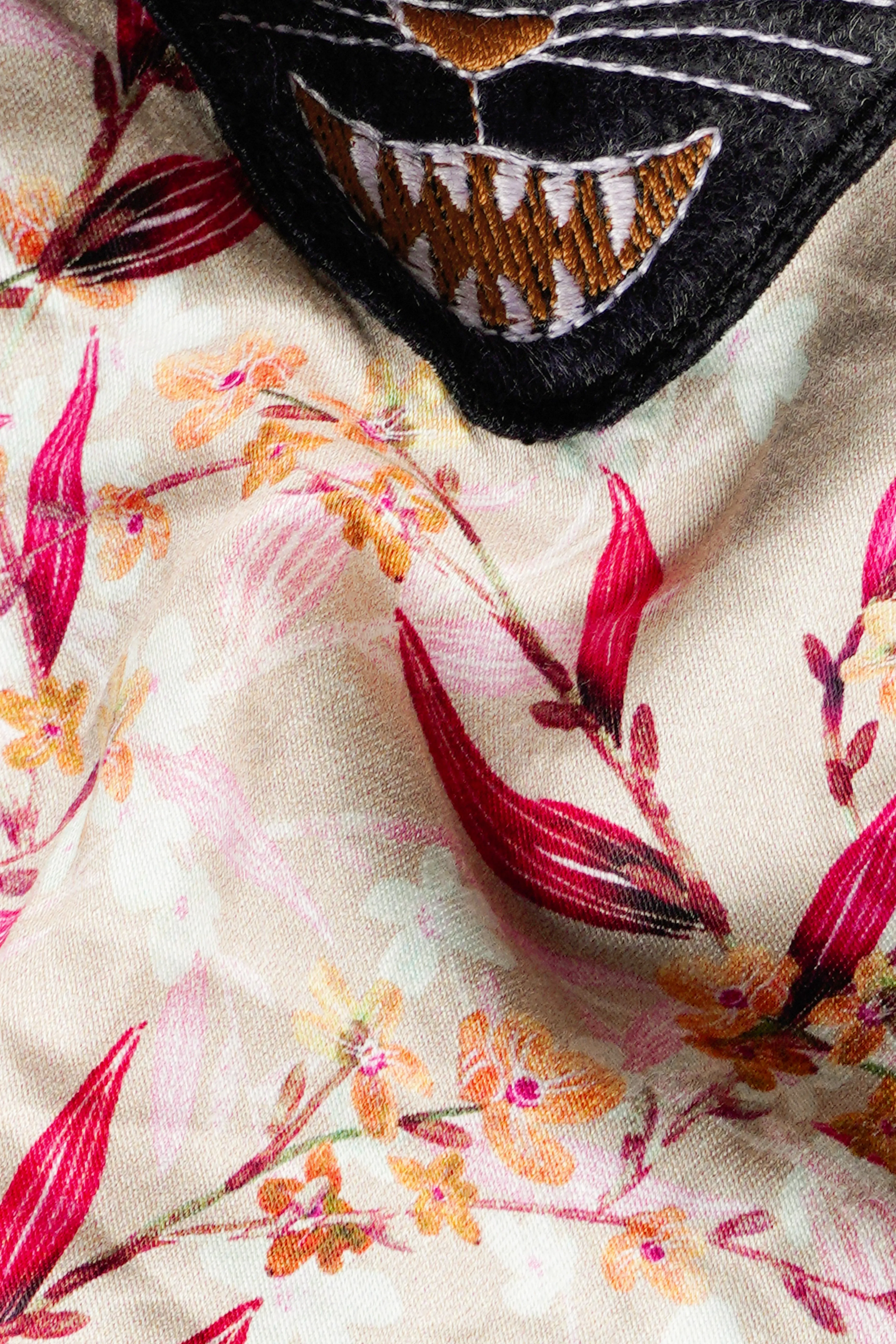 Almond Beige and Cerise Pink Leaves Printed with Cat Patchwork Super Soft Premium Cotton Designer Shirt