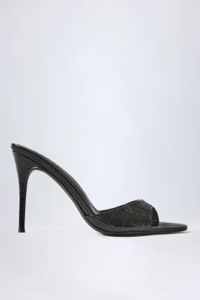 Almond-Toe Heeled Mules in Croc Patent Black