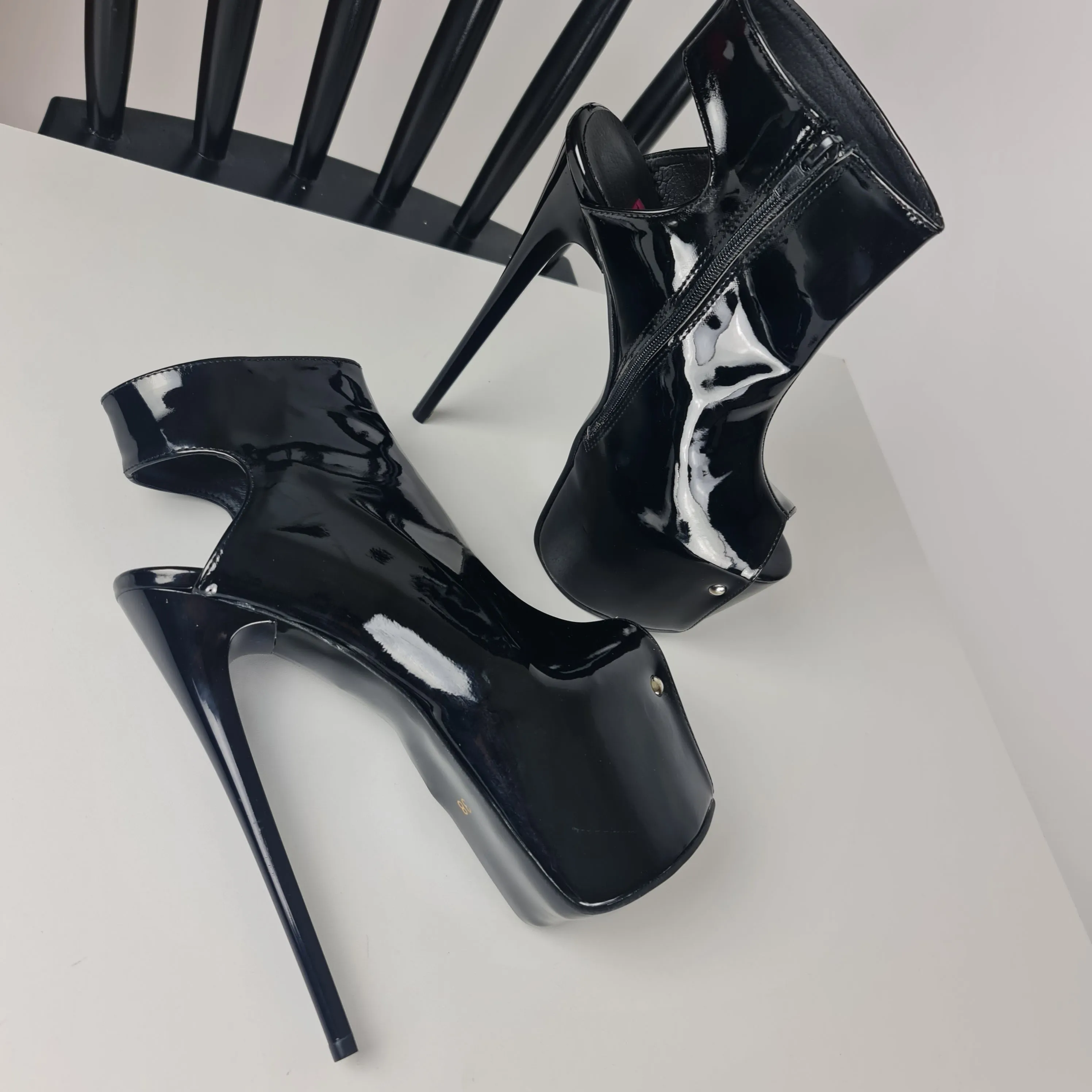 Ankle Cut Black Gloss Peep Toe High Heels