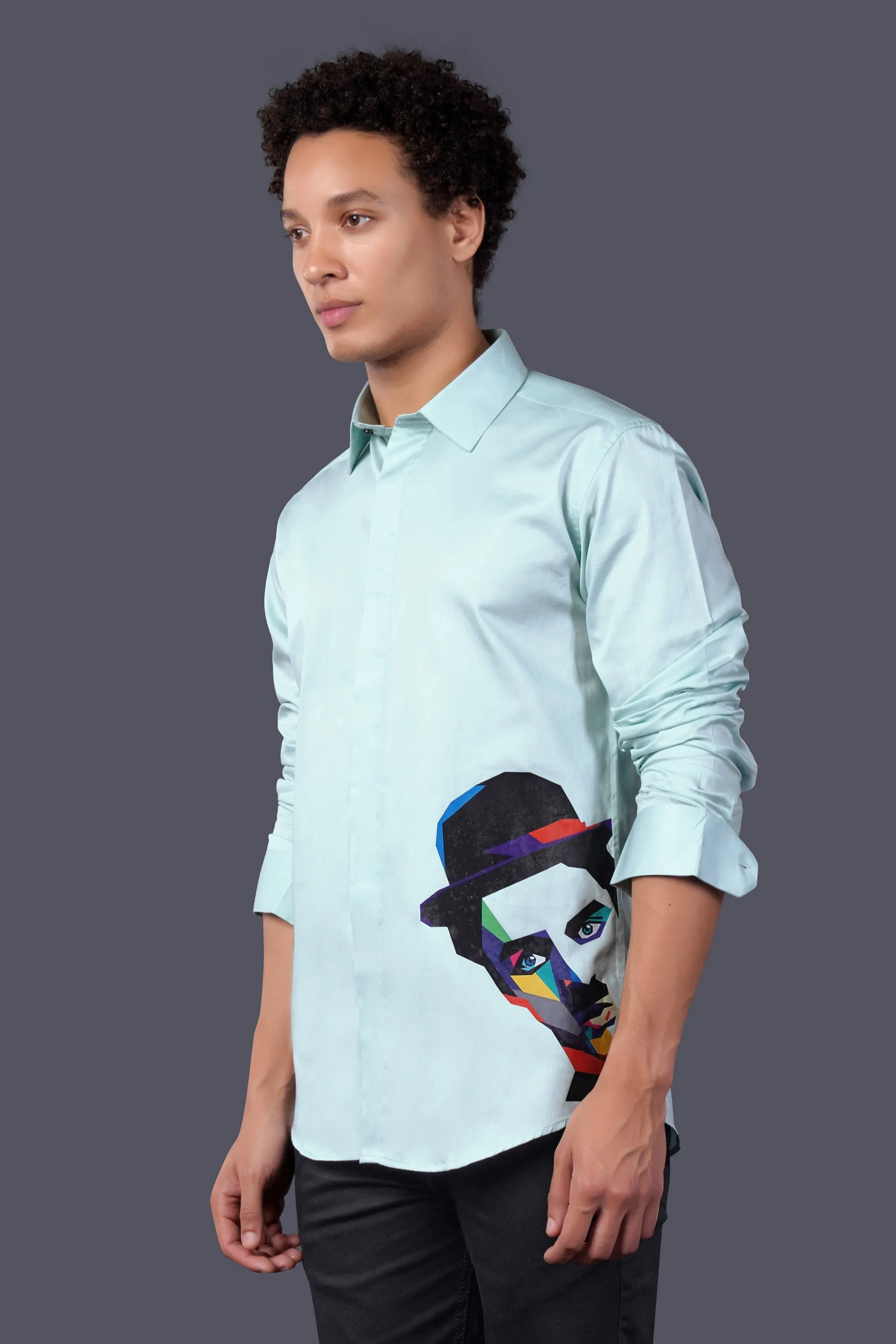 Arctic Blue Charlie Chaplin Printed Subtle Sheen Super Soft Premium Cotton Designer Shirt