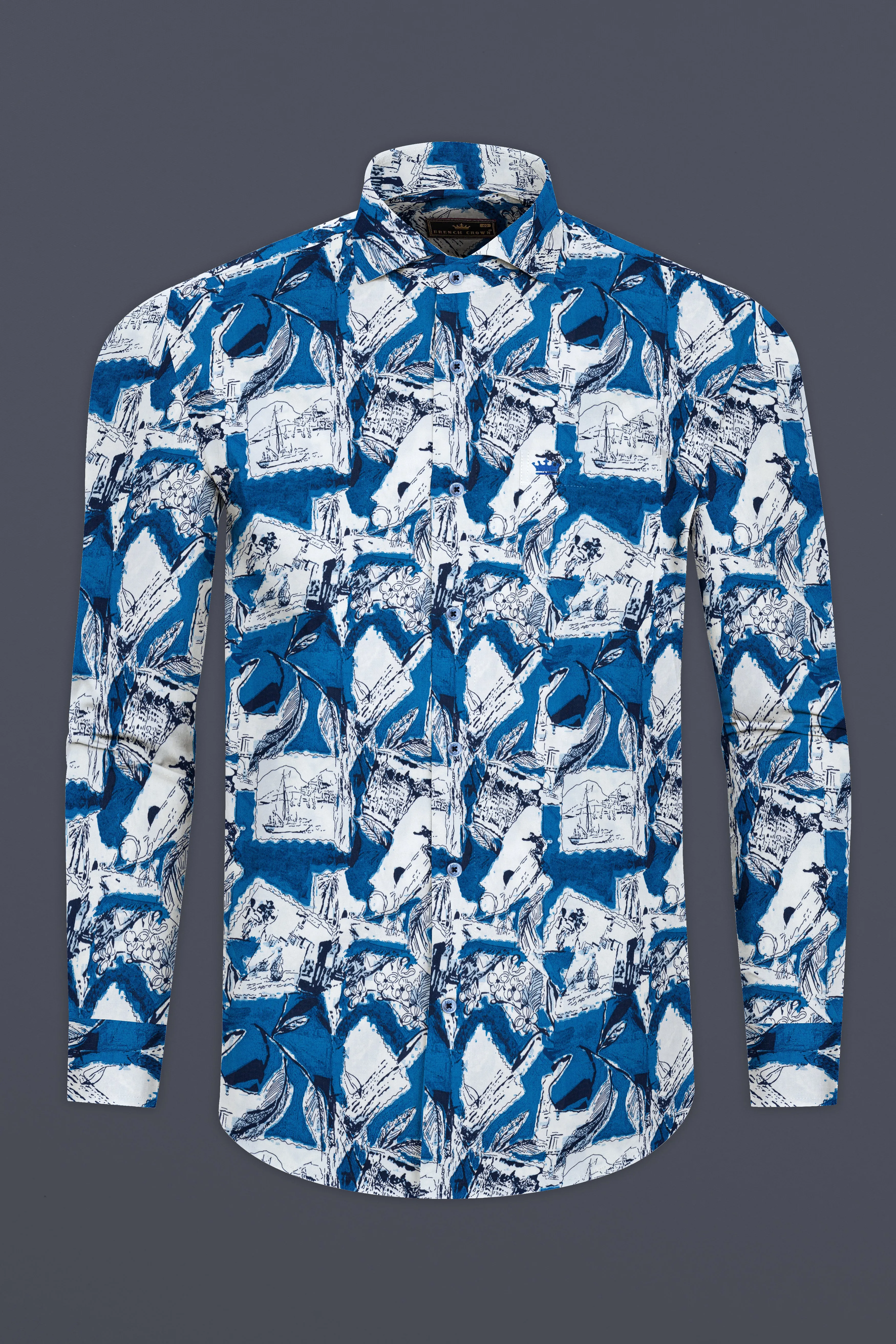 Azure Blue with White Ocean Printed Super Soft Premium Cotton Shirt