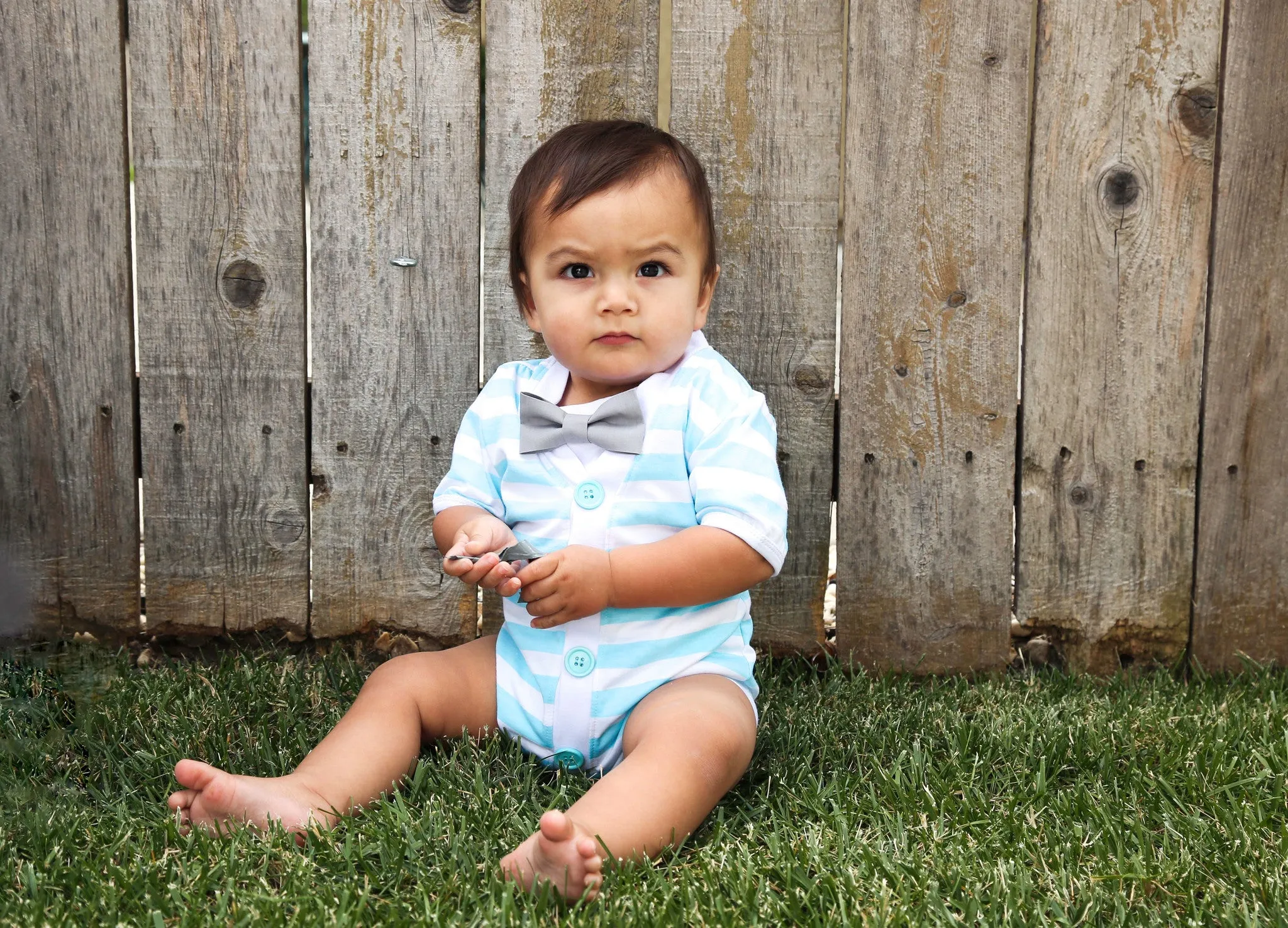 Baby Boy Cardigan Outfit with Bow Tie Aqua Blue and Grey Set