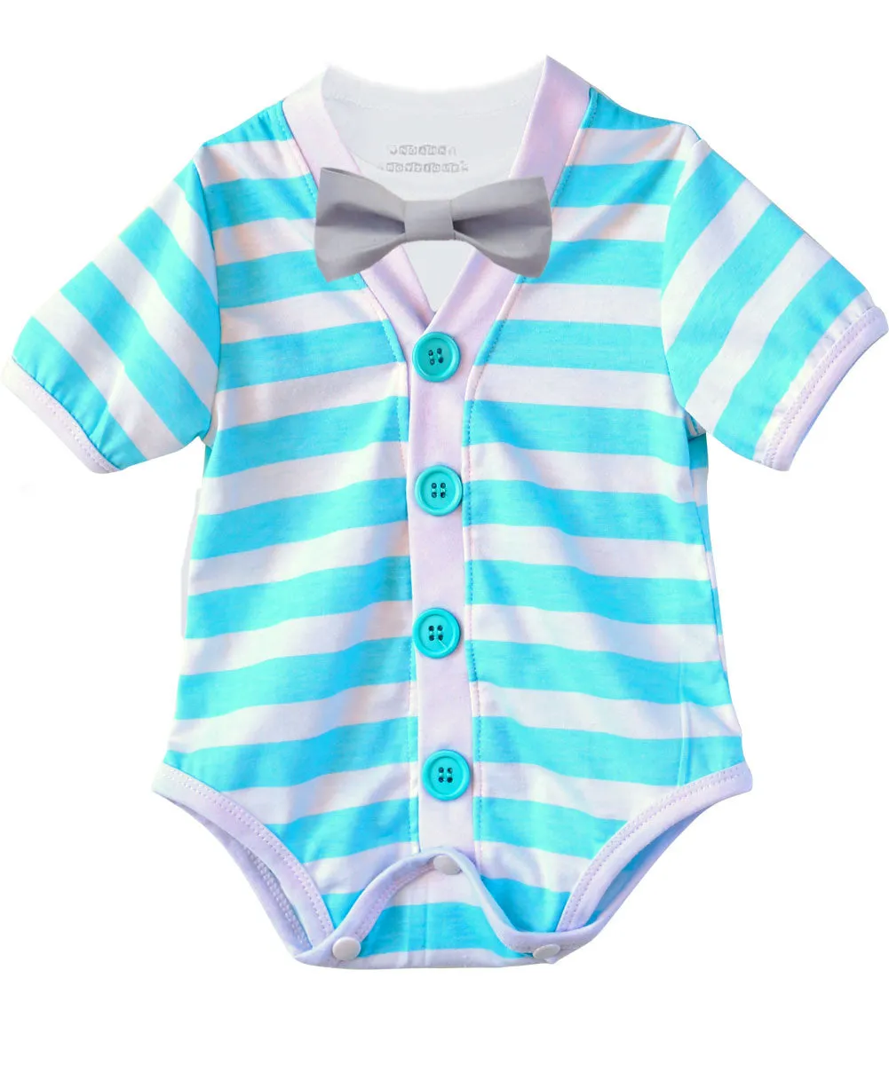 Baby Boy Cardigan Outfit with Bow Tie Aqua Blue and Grey Set