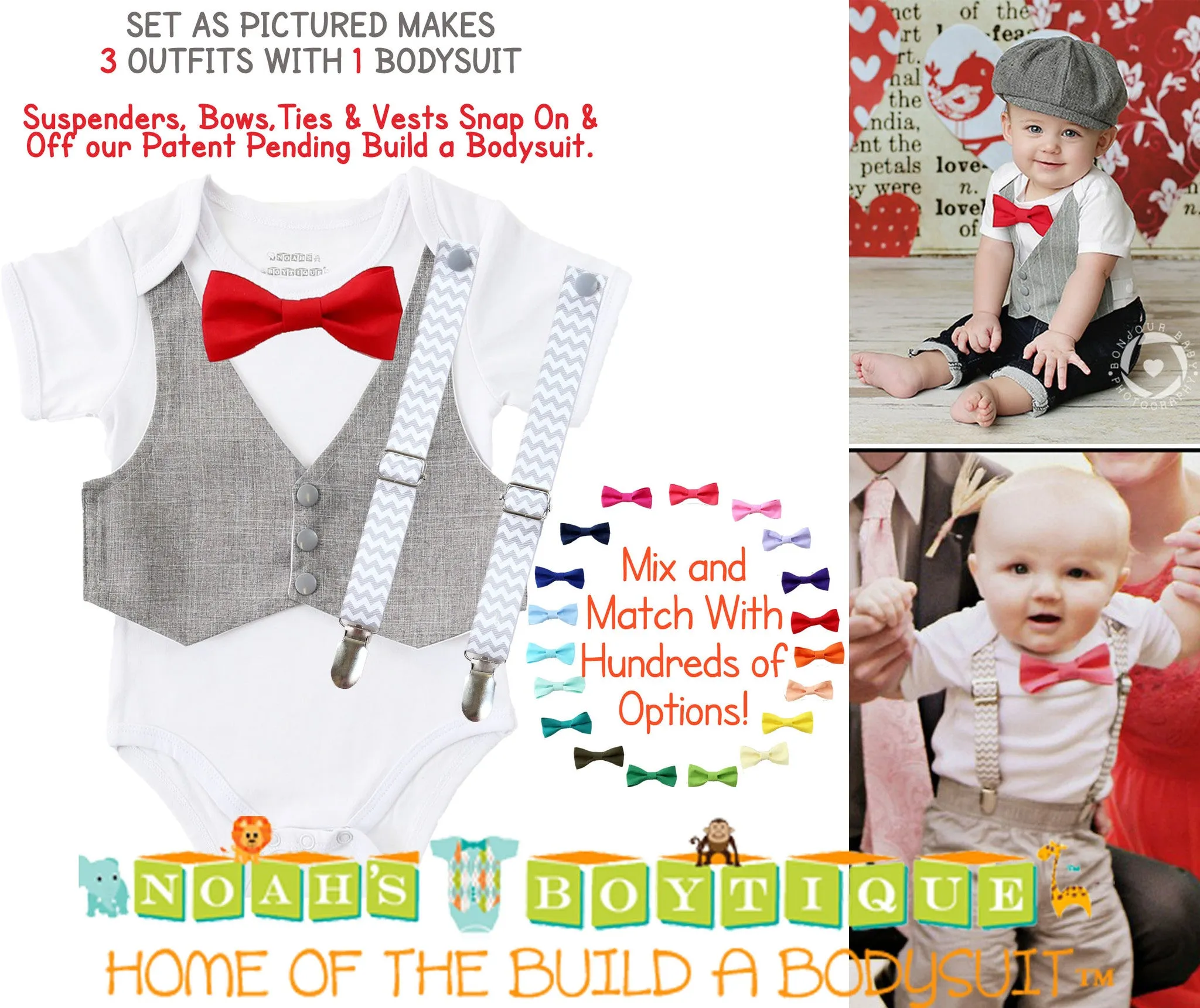 Baby Boy Clothes Light Grey Vest Suspender Bow Tie Set